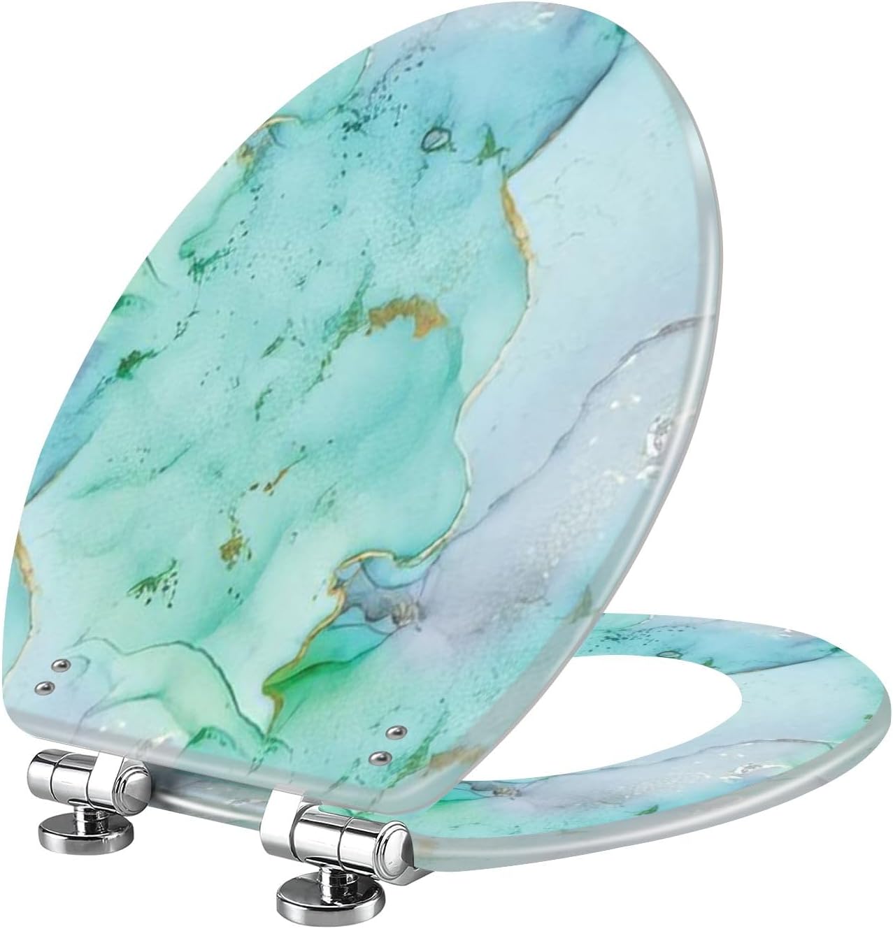 Marble Blue Water Color Gold Marble Background Luxury Ink Marble Green Resin Elongated Toilet Seat with Cover Quiet Close Quick Release Hinges Decorative Toilet Seat Easy to Clean Install Home Decor