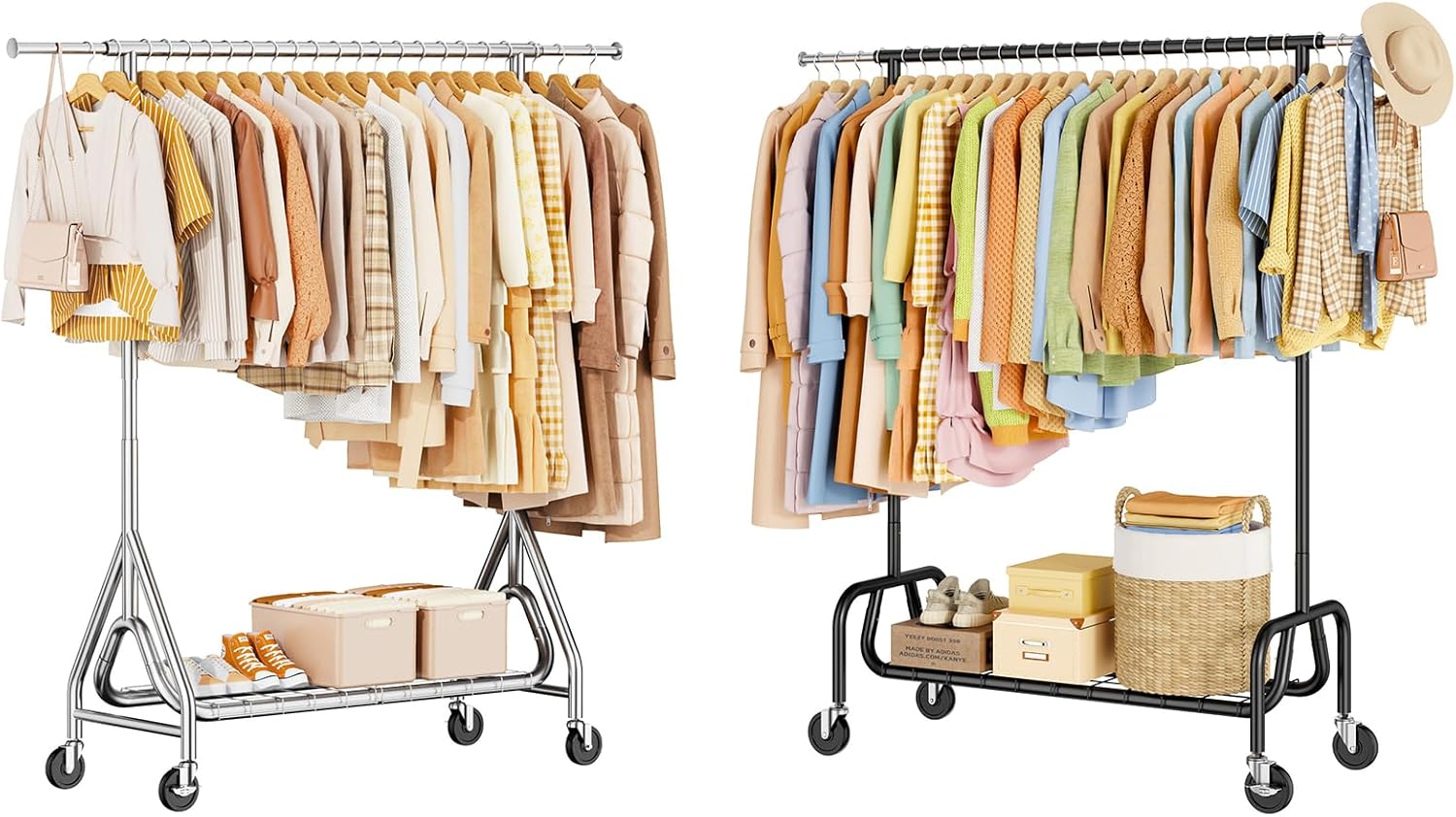 Clothes Rack with Wheels, Rolling Clothing Rack for Hanging Clothes, Metal Standing Garment Racks, Silver +Black