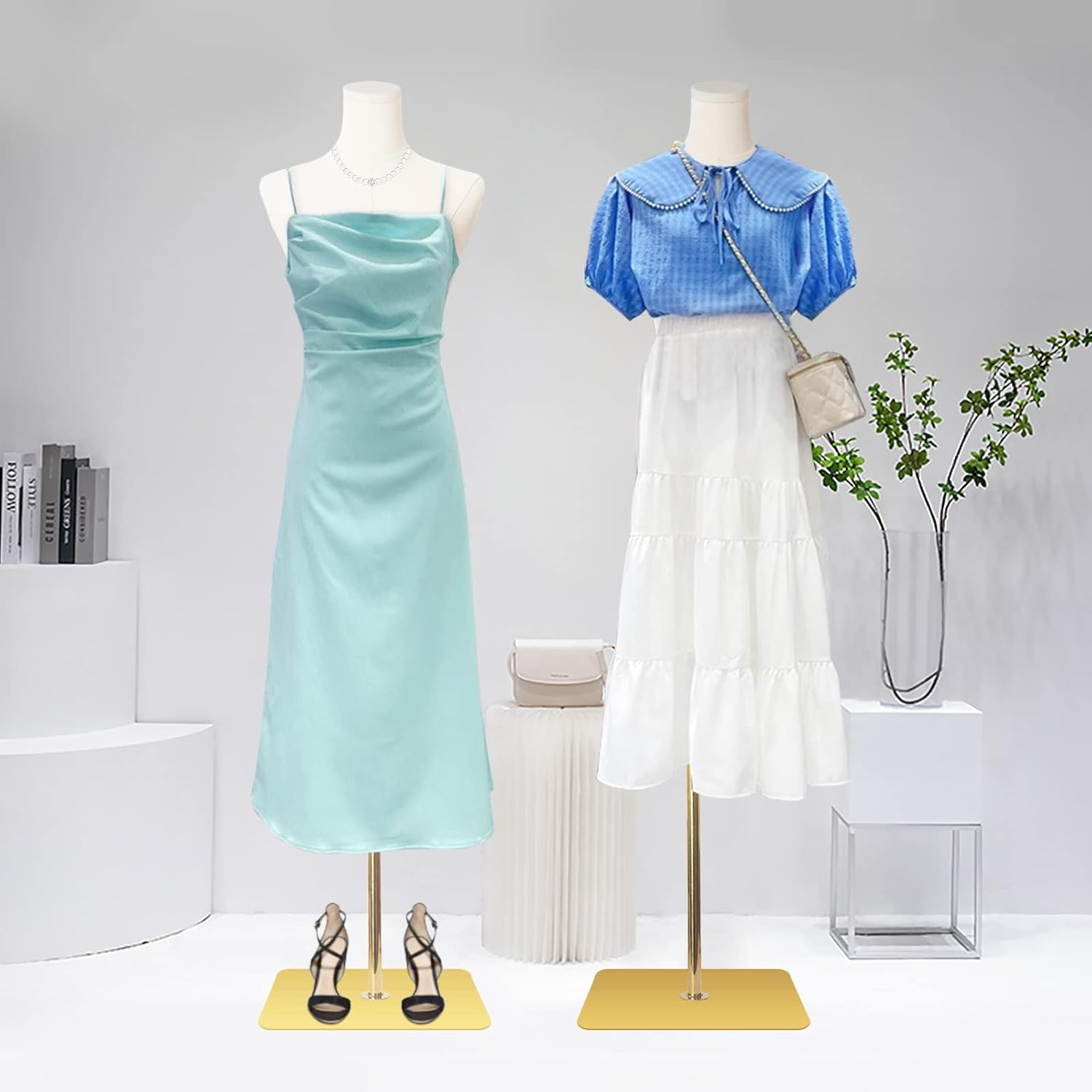 SHAREWIN Female Mannequin Torso Women Dress Forms for Sewing Manicanequin Body High Stability Gold Metal Stand for Clothing Dress Jewelry Display Adjustable Height 50”-70” Thin Body