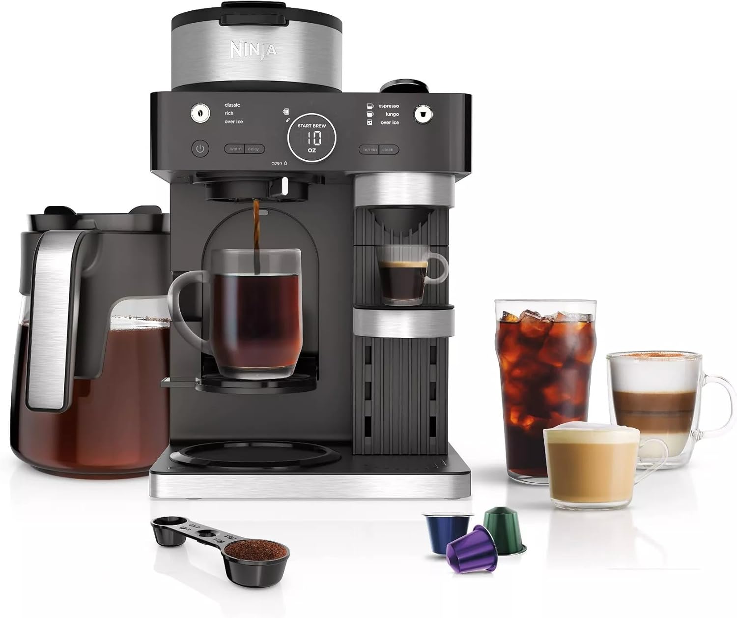 Ninja CFN601 Espresso & Coffee Barista System, Single-Serve Coffee & Compatible with Nespresso Capsule, 12-Cup Carafe, Built-in Frother, Cappuccino & Latte Maker, Black & Stainless Steel (Renewed)