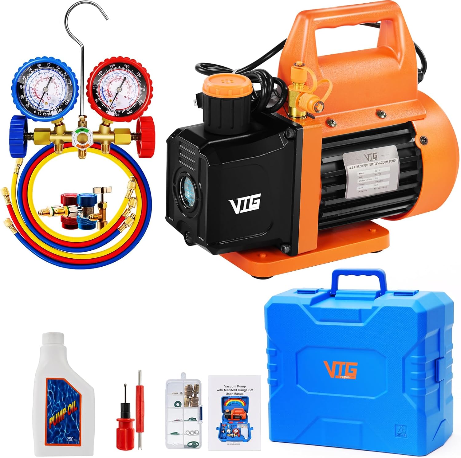 4.5 CFM AC Vacuum Pump and Gauge Set,for Mini Split,HVAC,Auto Systems,Manifold Gauge Kit Compatible with R134a R12 R22 R502,Includes 3 Hoses,R134a Can Tap,Upgraded Trifold Storage Case