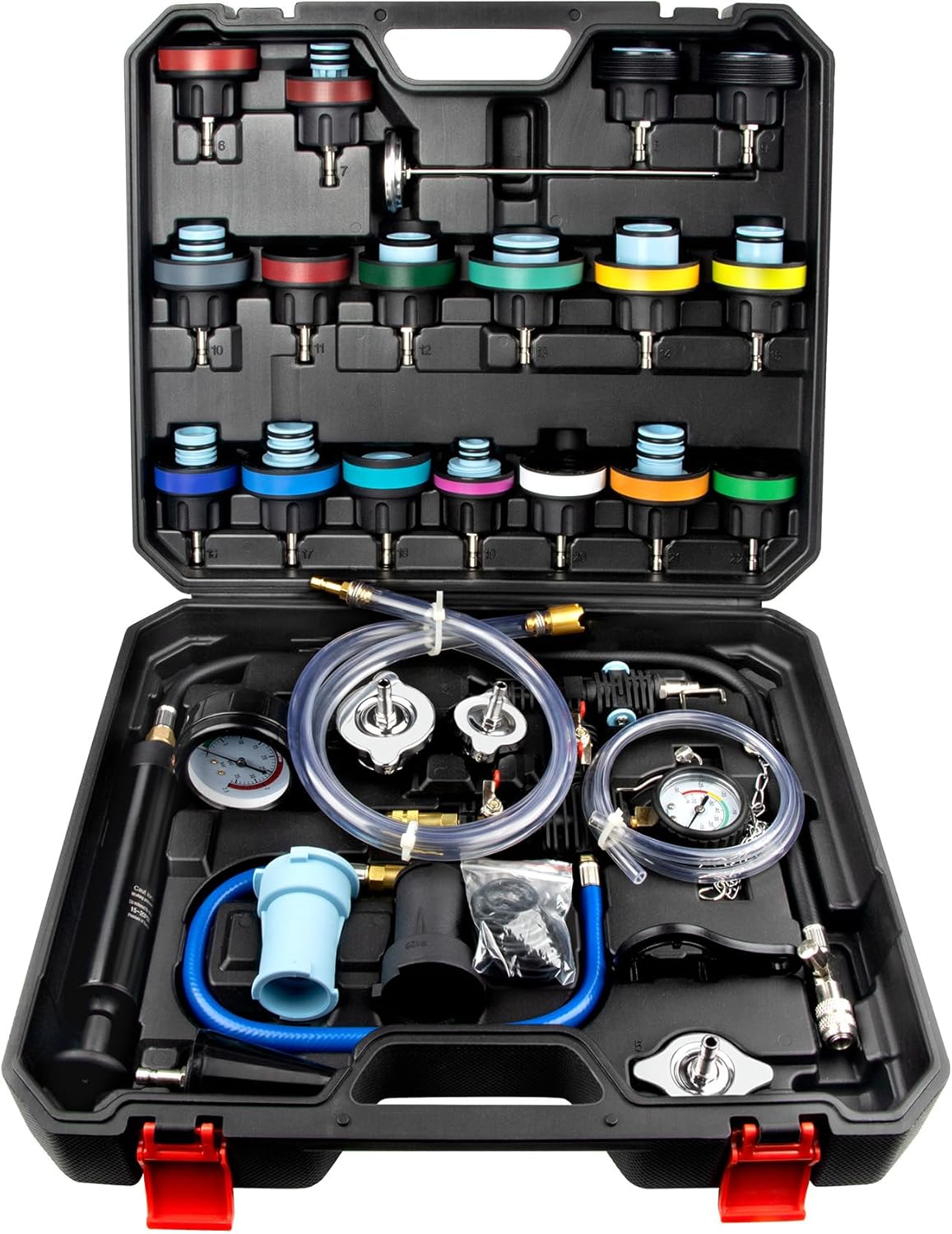 LLNDEI Coolant Radiator Pressure Tester Kit 28PCS Radiator Pressure Tester Pneumatic Vacuum Cooling System Purge Refill Leak/Refiller Set, Universal Automotive Domestic/Import Vehicles, Motorcycle