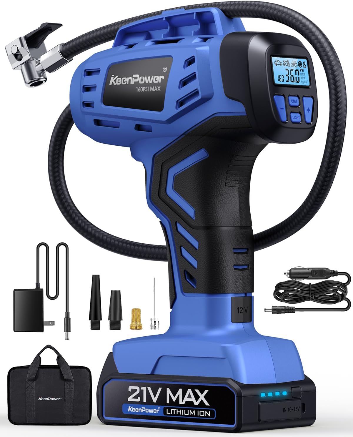 KeenPower Smart Cordless Tire Inflator Portable Air Compressor Rechargeable 21V Battery Powered 160PSI Handheld Air Pump w/4+N Smart Modes & Dual Power & Digital Pressure Gauge for Cars Motorcycles