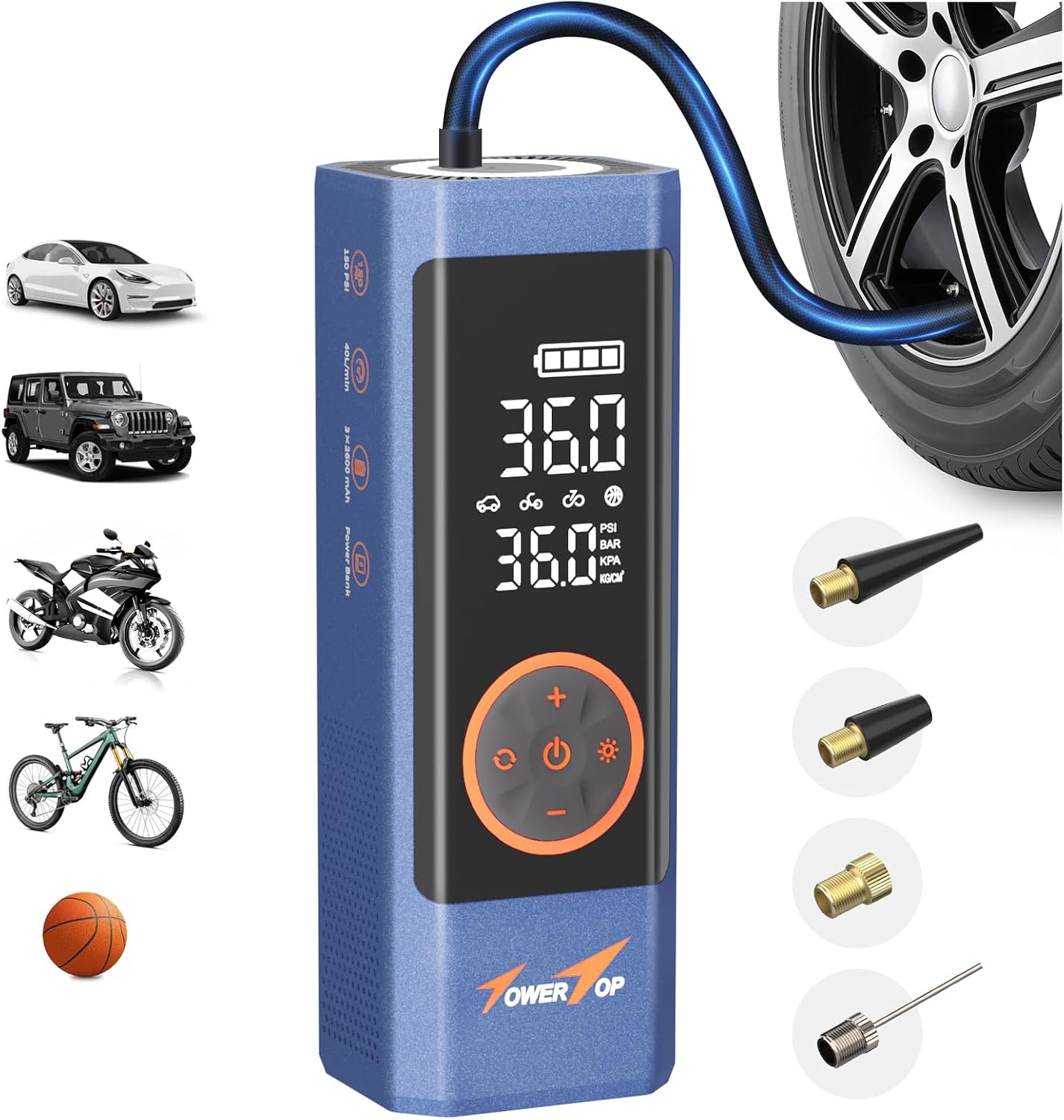 TowerTop Tire Inflator Portable Air Compressor: 2.5X Faster Inflation 150PSI Cordless Tire Inflator with 7800mAh Rechargeable Battery Air Pump for Car Bike Motorcycle Ball Pickup and Truck(Blue)