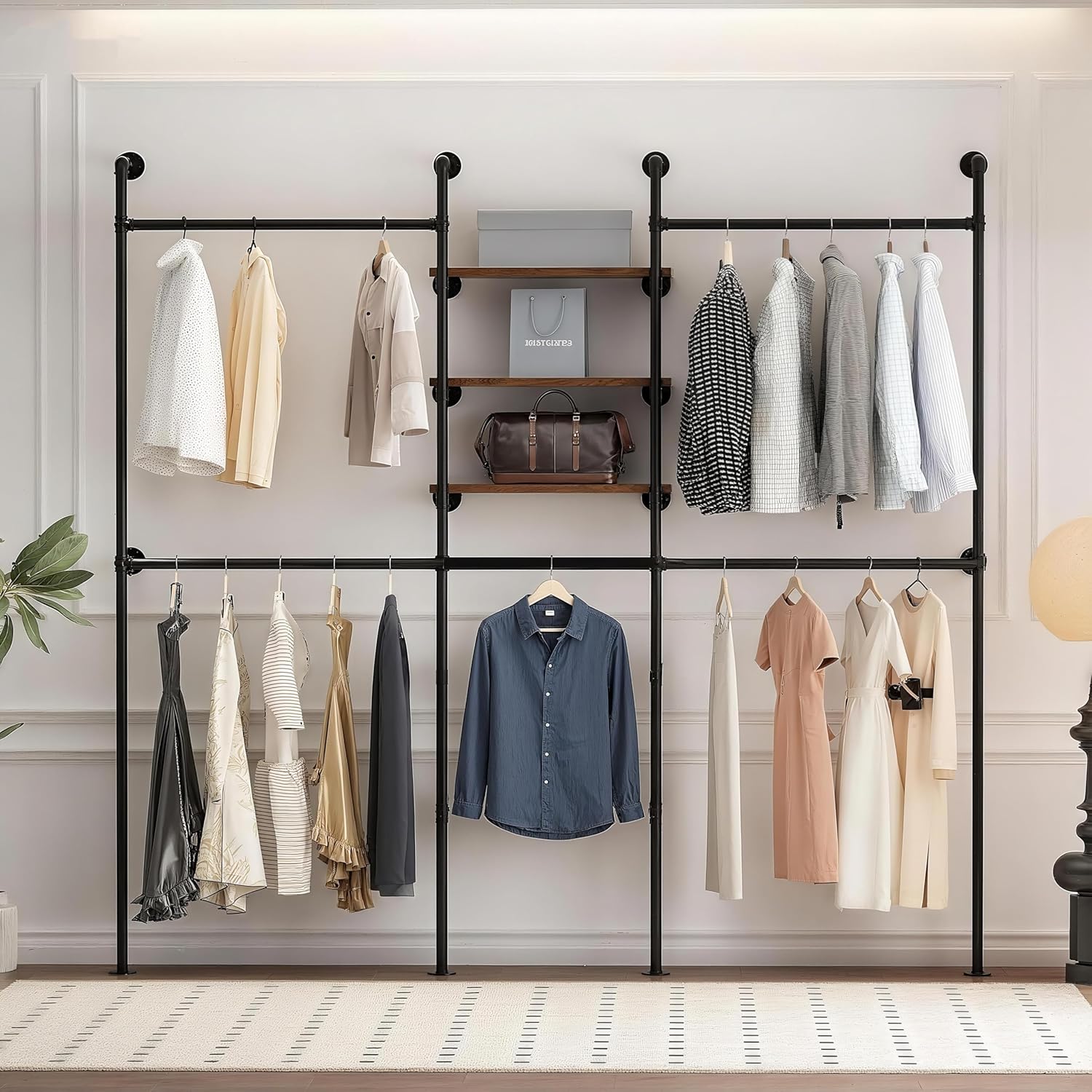 GarveeHome Industrial Pipe Clothing Racks with 3 Shelves, Black Wall Mounted Clothes Rack with LED Lights, Heavy Duty Garment Rack Closet Wardrobe Rack for Walk In Closet, Laundry Room