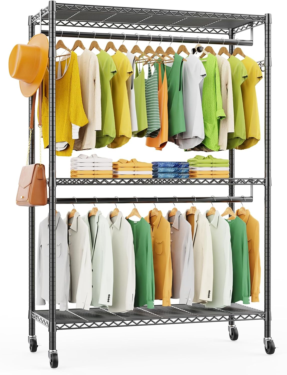 LEHOM G1L 3 Tiers Garment Rack with Storage Shelves, Heavy Duty Rolling Free-Standing Clothing Rack Closet Organizer with Double Rods/Lockable Wheels & 2 Pairs Side Hooks, Max Load 450 LBS, Black