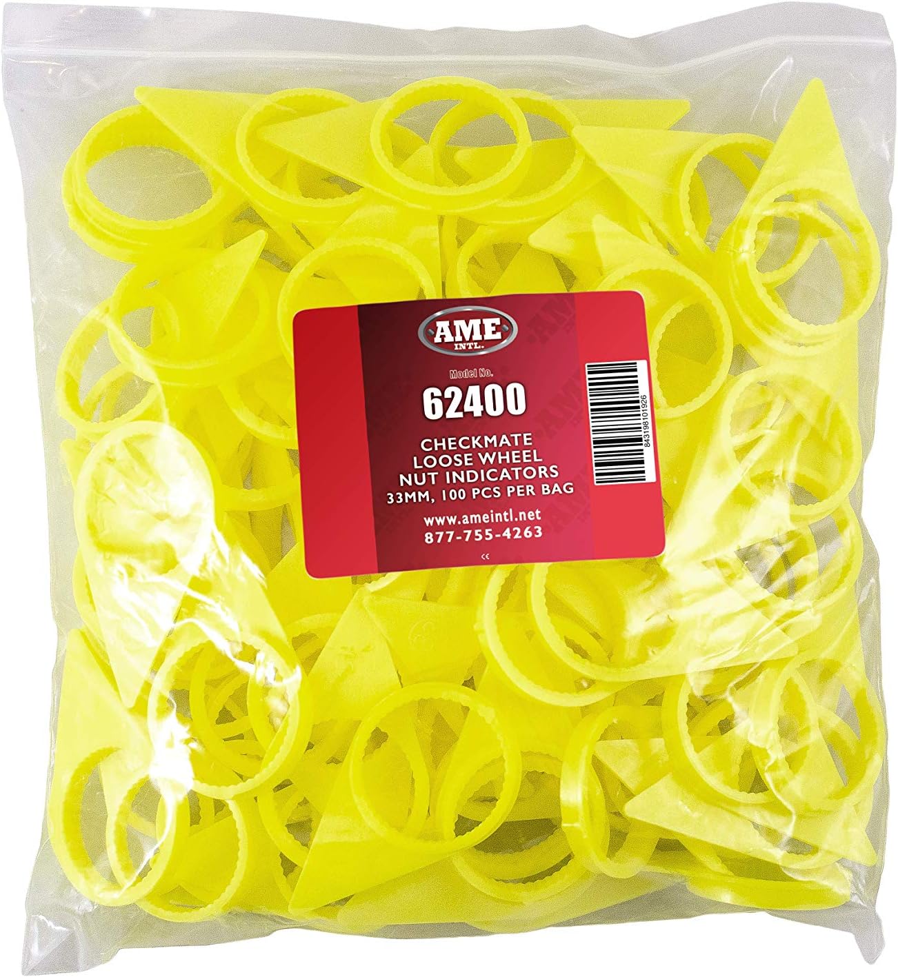 AME INTL 62400-200 Checkmate Wheel Nut Indicator 33mm – 22mm Studs, Yellow, 200-Pack, Loose Lug Alert