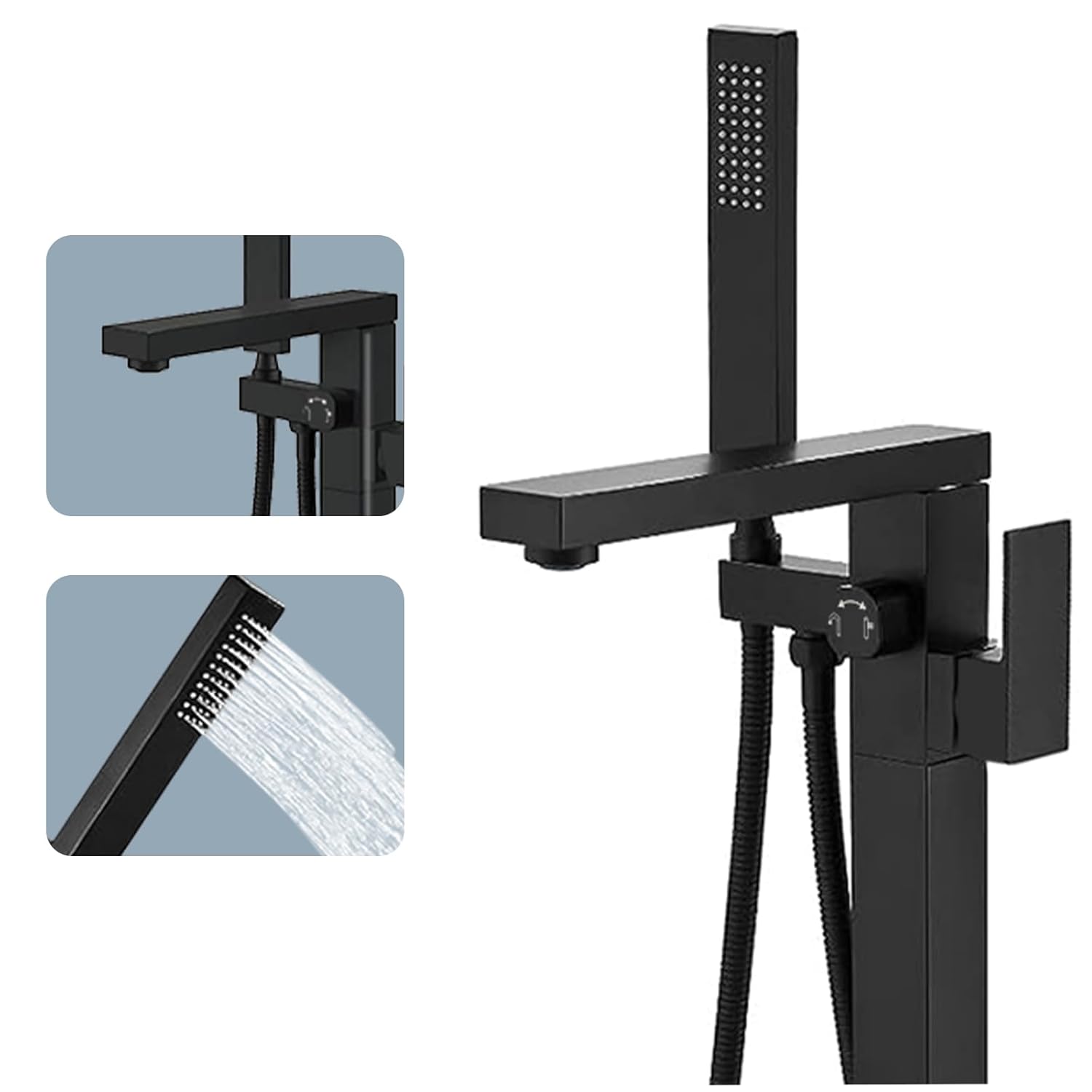 Matte Black Floor Standing Bathtub Faucet Waterfall Freestanding Bathtub Faucet High Flow Brass Bathtub Shower Faucet with Handheld Sprayer