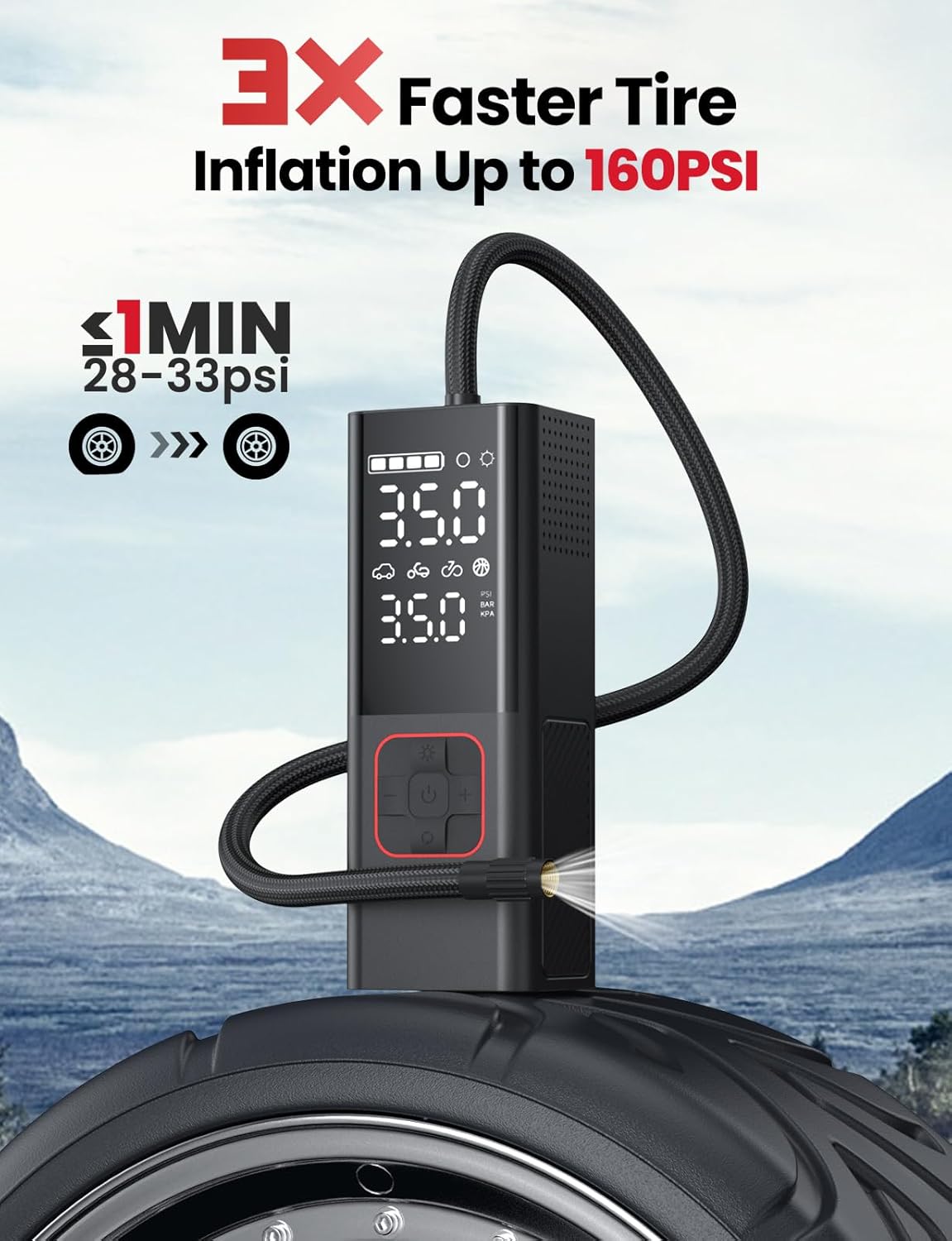 Tire Inflator Portable Air Compressor 20000mAh & 4X Faster Cordless Tire Pump for Car, Bicycle, Motorcycle, Ball, with Tire Pressure Gauge and Storage Bag (New Upgraded)
