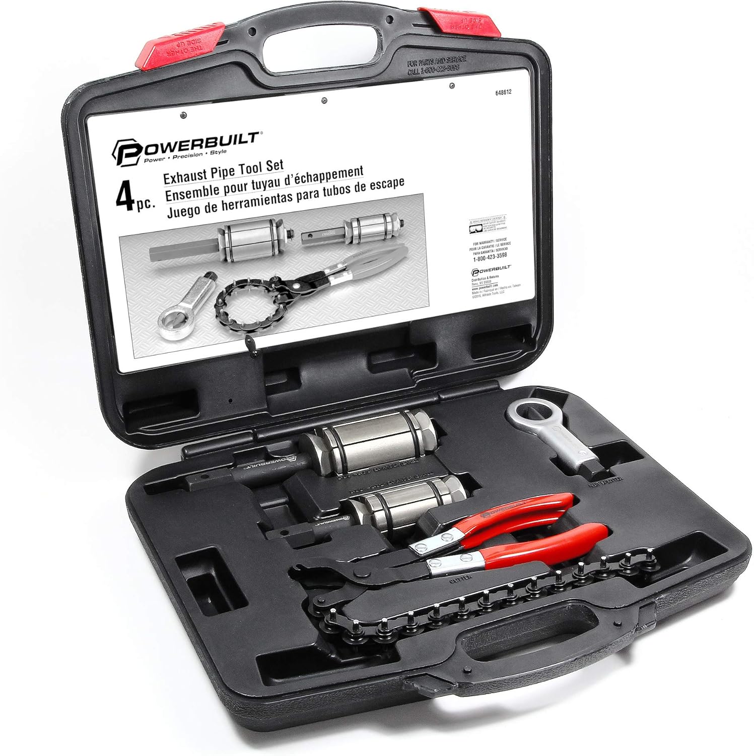 Powerbuilt 4 Piece Exhaust Pipe Tool Set, Repair Tailpipes, Expanders, Removing Dents, Chain Cutter, Nut Splitter, Import and Domestic Vehicles 648612