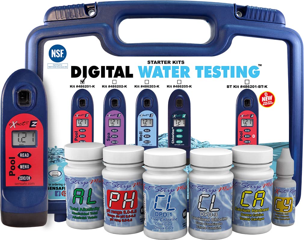 486201-K Exact® Pool EZ Photometer Starter Kit | 10 Parameters - F/C/T Chlorine, pH, Alkalinity, Calcium, Cyanuric, Copper, Salt, & Phosphate | 25 Tests Ea. w/o PO4, Cu, NaCl | NSF Certified