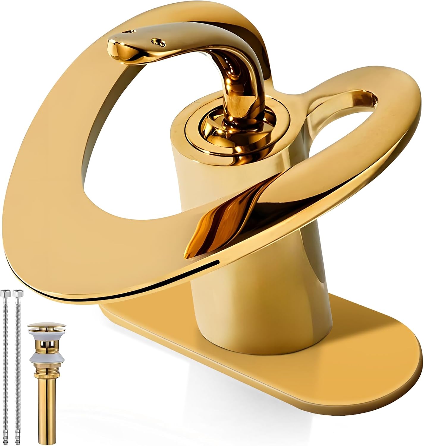 Gold Single Hole Sink Waterfall 1 Handle Vanity Brass Bath Bathroom Faucets, llaves para lavamanos de baño, Low Arc Touch On Faucet, Hot Cold Lavatory Mixer Unique Tap, Include Pop up drain Deck Plate