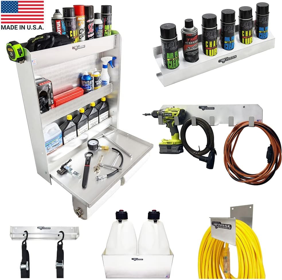Pit Posse PP3348 Trailer Garage Aluminum Cabinet Organizer Kit - USA Made - Work Station Cabinet, Ratchet Tie Down Strap Holder, Cord/Hose Hanger, Utility Jug Rack, Aerosol Can Shelf, Wall Tool Hanger