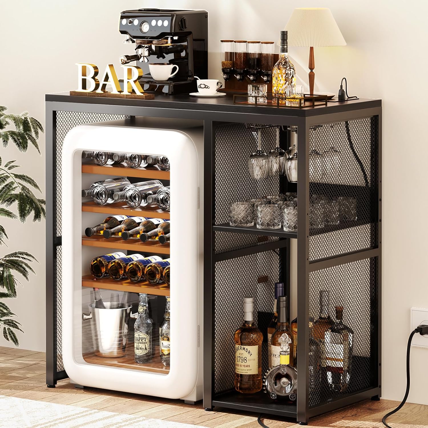 Homieasy Mini Fridge Stand Organizer with Power Outlet, Industrial Microwave Stand with Storage Shelving Unit, Space Saving Over Fridge Storage Cabinet for Home Kitchen Dorm, Black