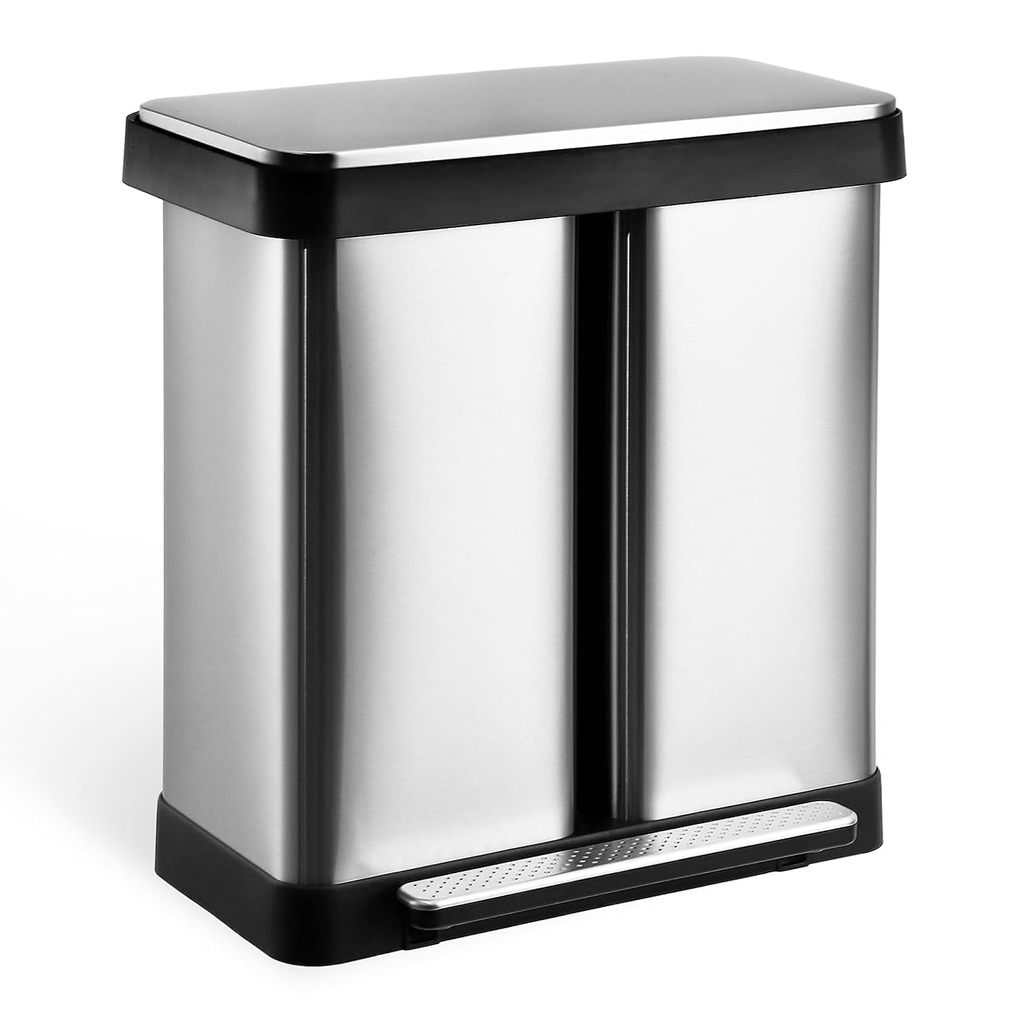 16 Gallon Dual Trash Can, Two Compartment Trash Can, Trash Can with Recycling Bin Combo, Double Garbage Cans for Kitchen, 2 X 8 Gallons, Stainless Steel