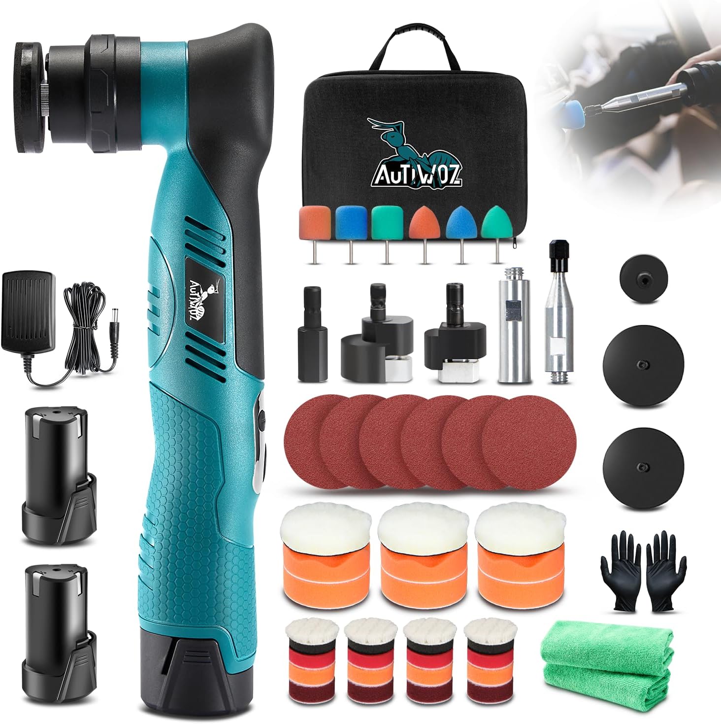 Cordless Mini Polisher Fast Change 1/3inch 12mm and 3mm Orbital, DA/RO Small Polisher for Car Detailing 6 Speeds, 2Pcs 2000mAh Li-ion Batteries, with Collet, Cone Cylinder Polishing Pads