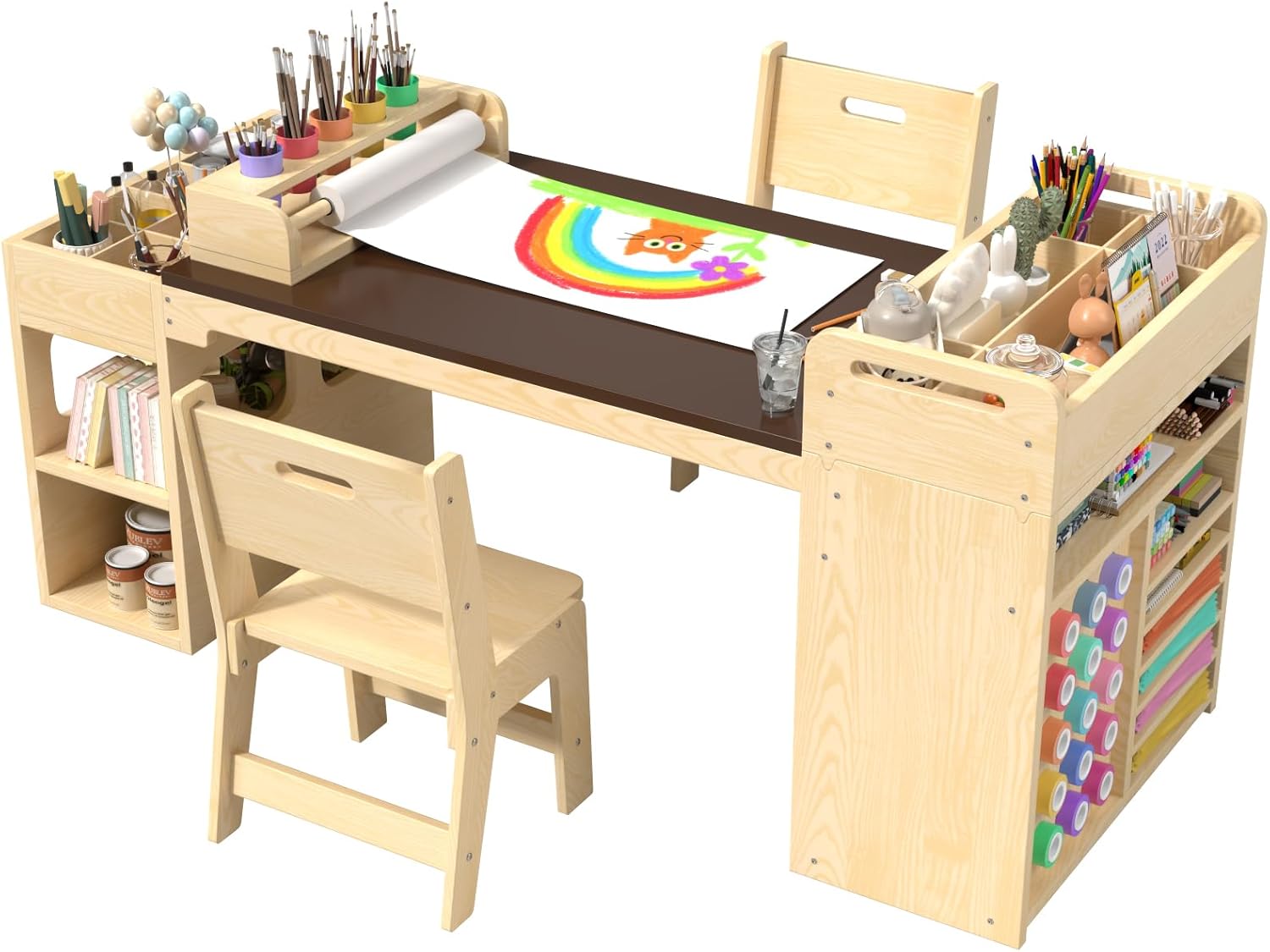 50″Lx24″W Kids Art & Craft Table and 2 Chairs Set, Portable Supply Organizer and Paper Roll Rack, Art Desk and Craft Table for Kids,Toddler Activity and Coloring Tables with Storage(Espresso)