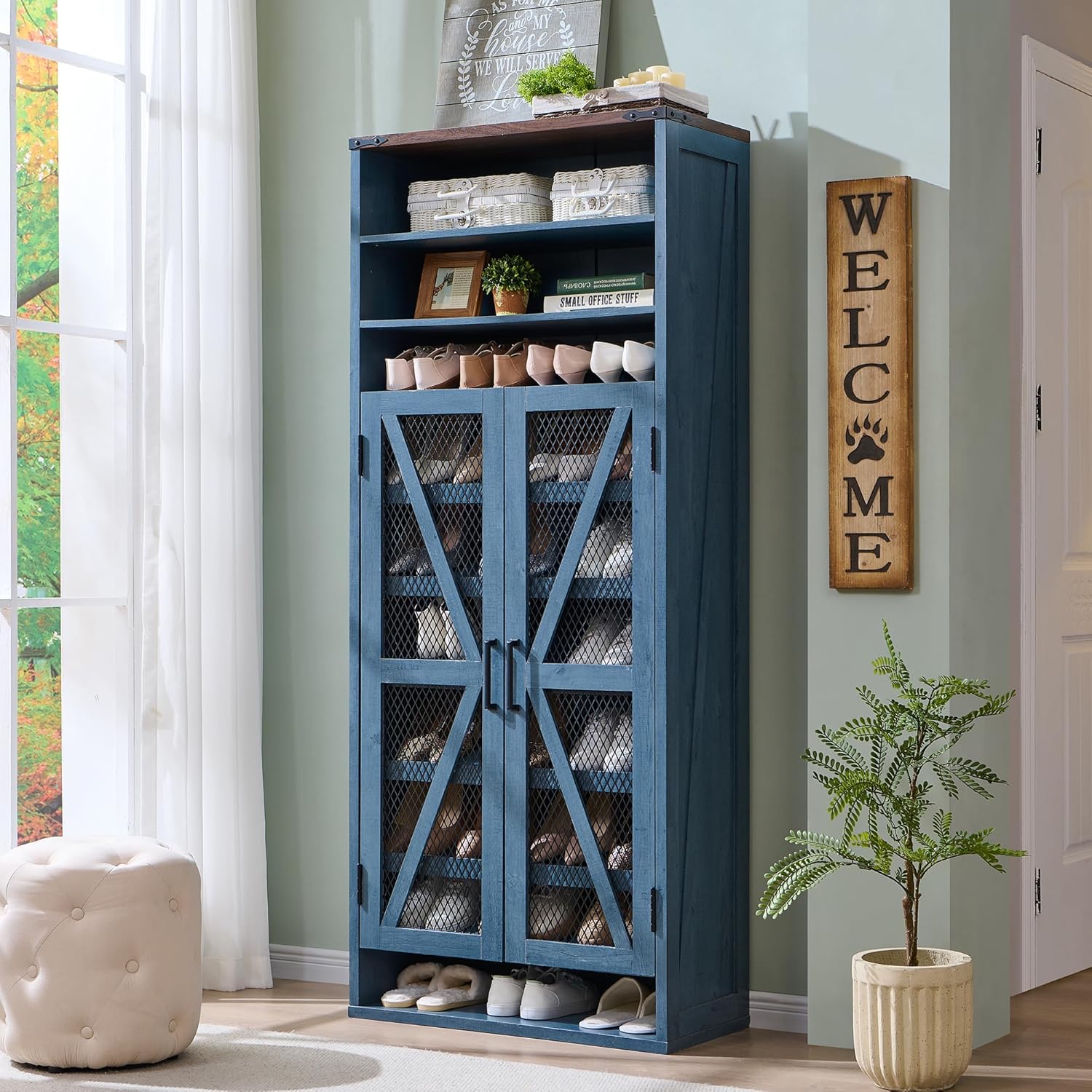 JXQTLINGMU Shoe Cabinet with 2 Flip Drawers, Farmhouse Shoe Storage Cabinet with Mesh Doors and Adjustable Shelves, Rustic Wooden Shoe Organizer, Small Shoe Cabinet Storage for Entryway, Light Brown