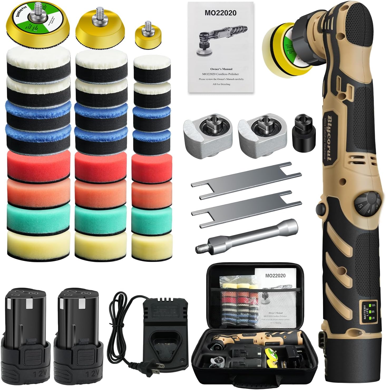 Cordless Mini Polisher,1/1.5/2Inch,DA&RO with 11 Variable Speed 2500-6000 RPM,2 * 2.3Ah Rechargeable Batteries,Car Detailing Micro Polisher