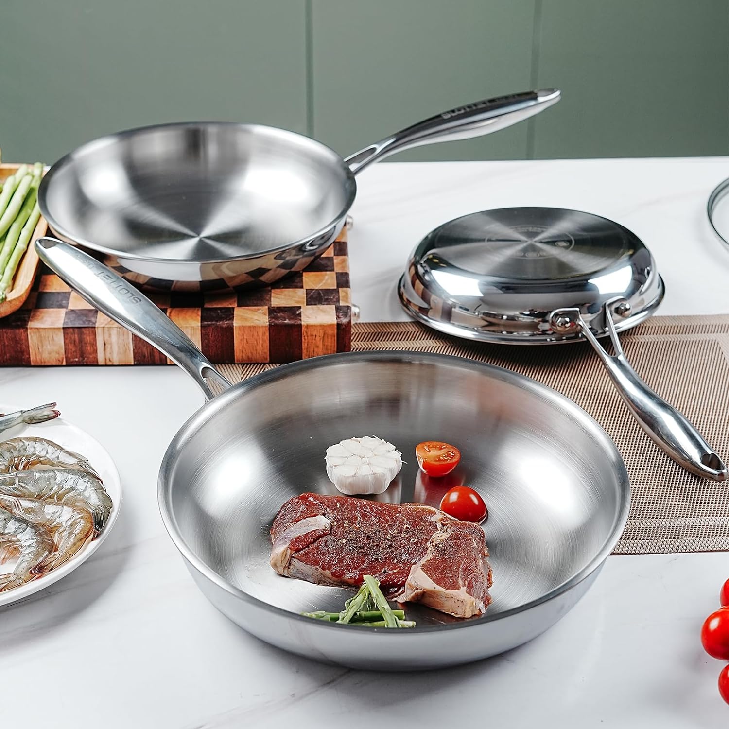 8-10-11.5inch Frying Pan Set Tri-Ply Stainless Steel Skillet Set,No Coatings Frying Pan with Stay-cool Handle for Cooking,Pots and Pans Set,Dishwasher and Oven Safe
