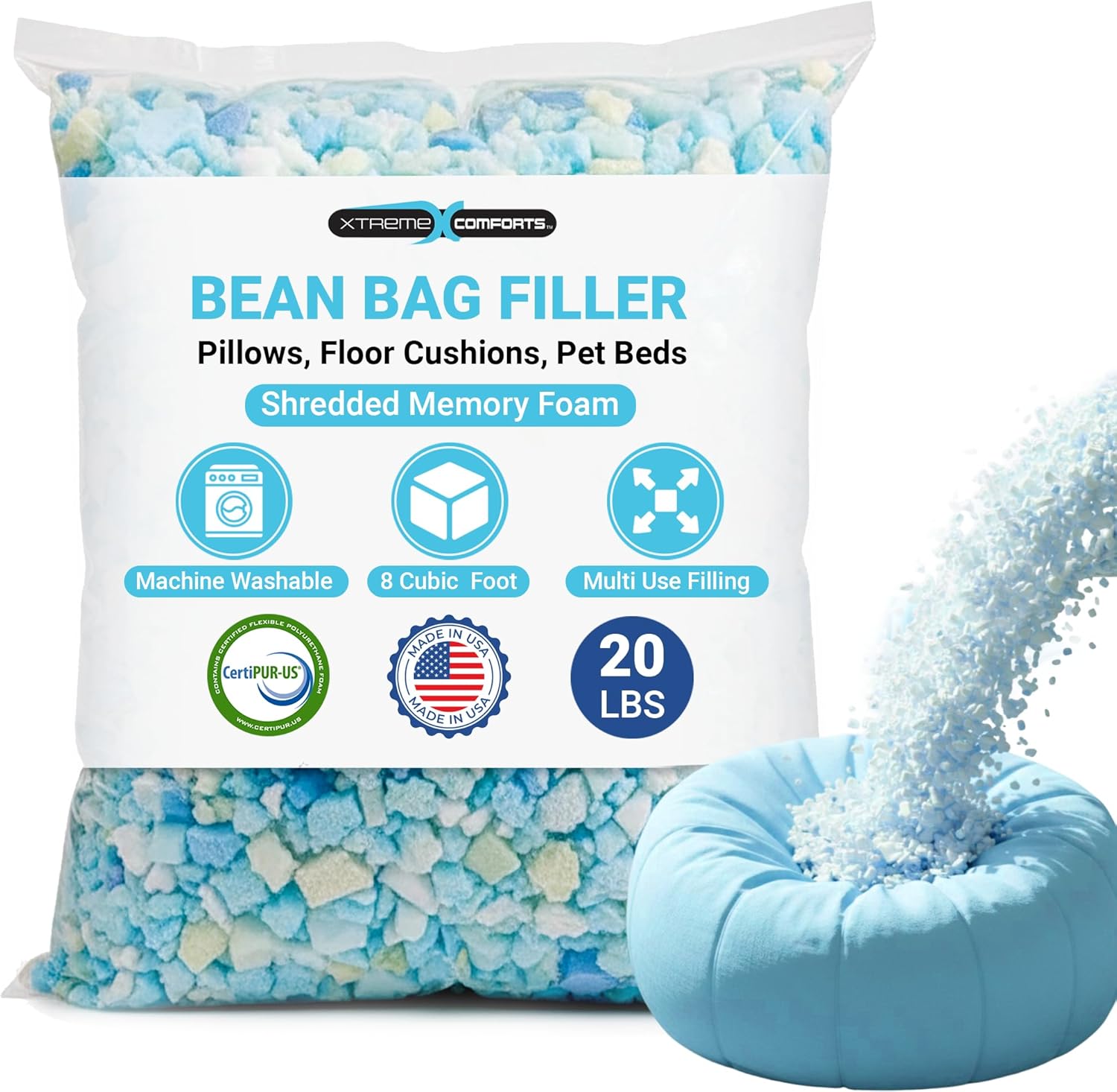 Xtreme Comforts Bean Bag Filler (20lbs) | Machine Washable Shredded Memory Foam Pillow Stuffing for Cushion, Couch, Bean Bag Refill Filling, Dog Bed, Stuffing for Stuffed Animals & Stuffing for Craft
