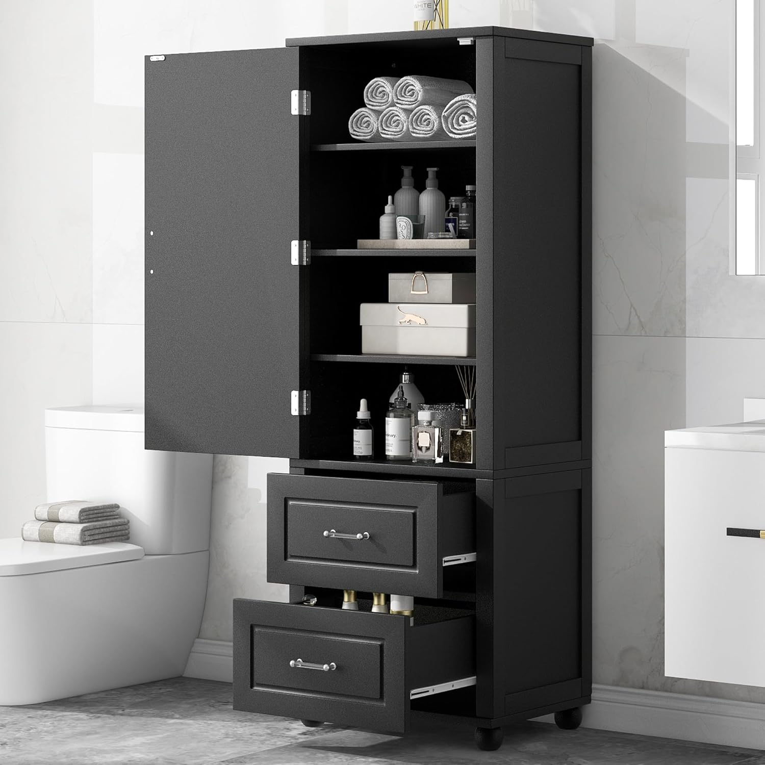 Harper & Bright Designs 69'' Tall Bathroom Storage Cabinet, Cabinet with Two Doors and One Drawer, Adjustable Shelf, MDF Board, White