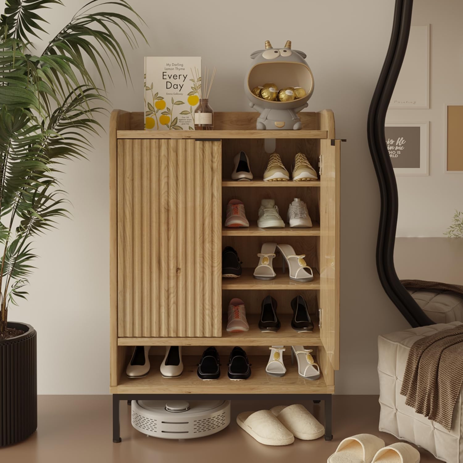 Modern Shoe Cabinet with Fluted Door,5-Tier Farmhouse Shoe Cabinet with 3 Adjustable Shelves,41.5'' Tall Wooden Shoe Rack Organizer Cabinet for Entryway, Hallway,Living Room,Natural