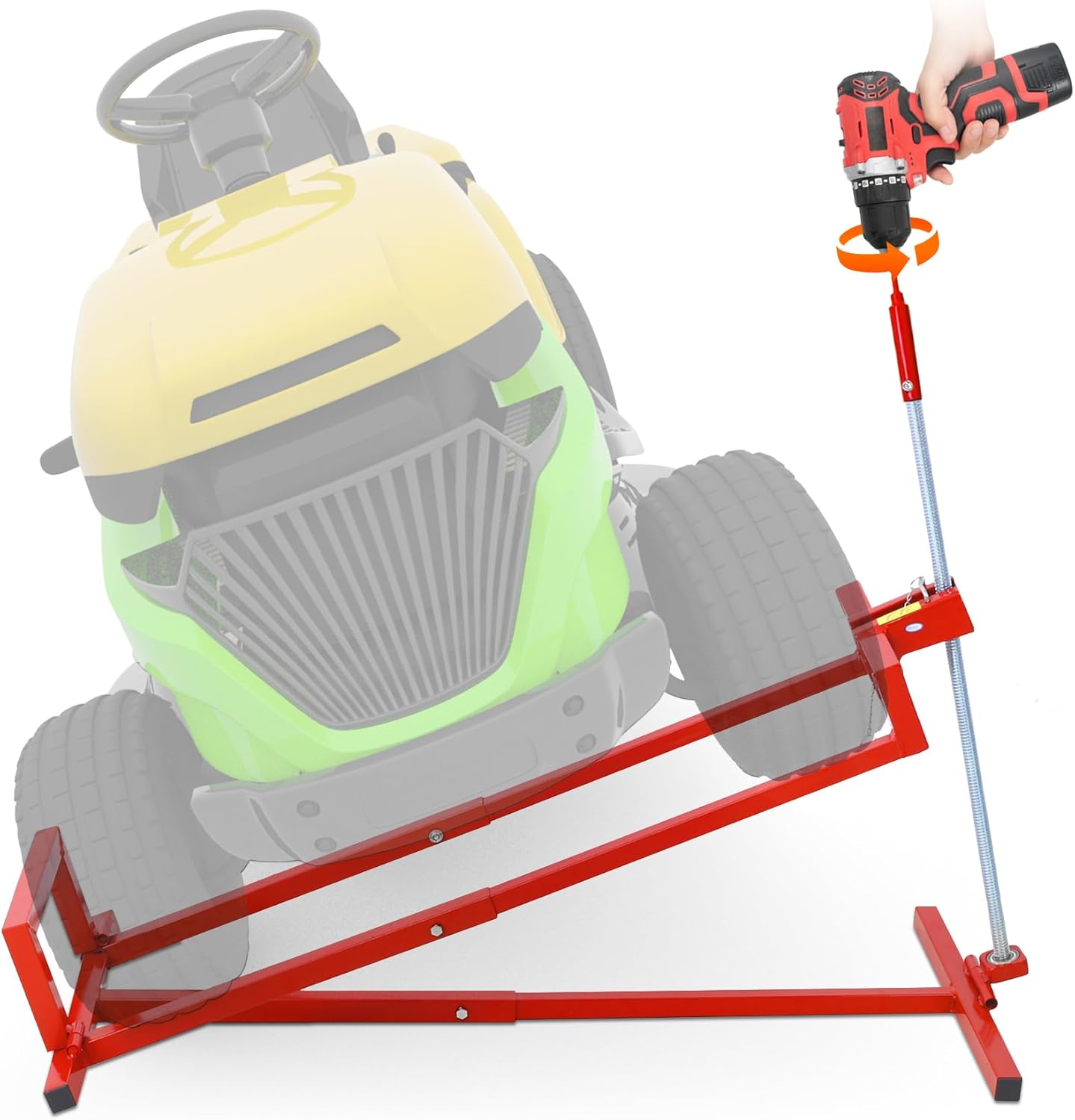 Heavy Duty Steel Riding Mower Lift, 880 Lbs Lawn Mower Lift Jack, Foldable Lawn Tractor Lift, Telescopic Maintenance Jack with Manual & Power Tool Handle for Lawn Mowers and Garden Tractors, Red
