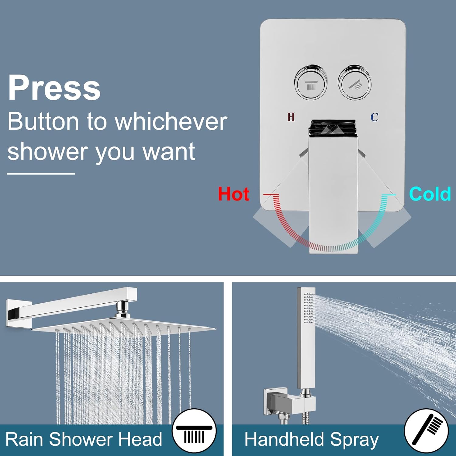 Midanya Rain Shower System Square Rainfall Shower Head Wall Mount Shower Faucet Set with Hand Sprayer Rough-in Valve Trim Kit Bathroom Mixer Shower Combo Set,10 Inch Push Button,Polish Chrome