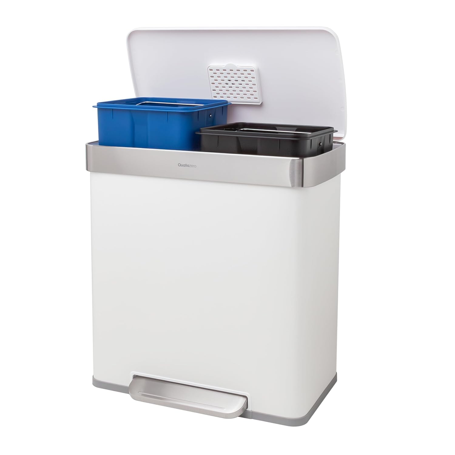 QUALIAZERO 60L/15.8Gal Heavy Duty Hands-Free Stainless Steel Commercial/Kitchen Step Trash Can, Fingerprint-Resistant Soft Close Lid, Rectangle Shape (60L Recycle) (Matte White)