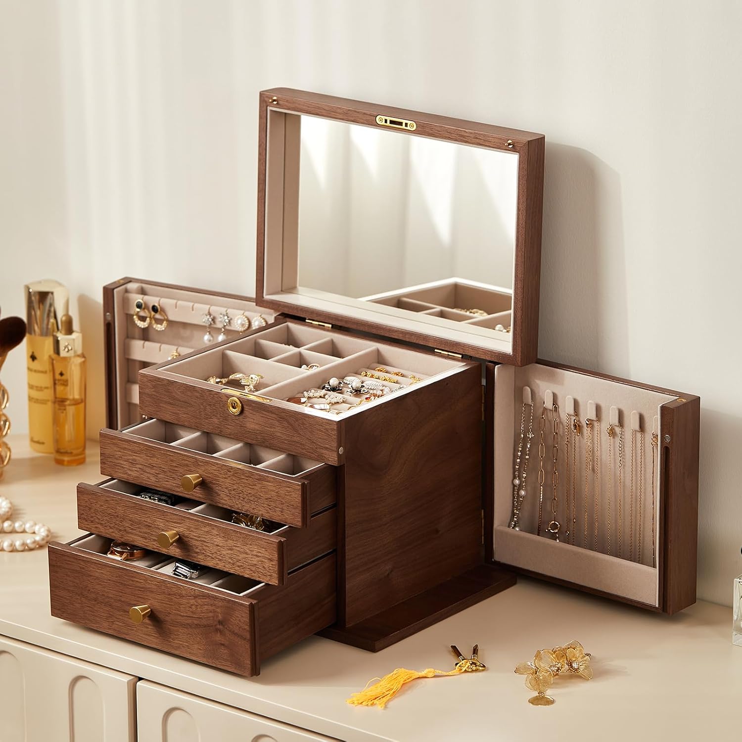 CHOSIN Black Walnut Wooden Jewelry Box for Women with Mirror, 5 Drawers and 2 Side Doors for Watches, Necklaces, Rings, Earrings Storage Gifts