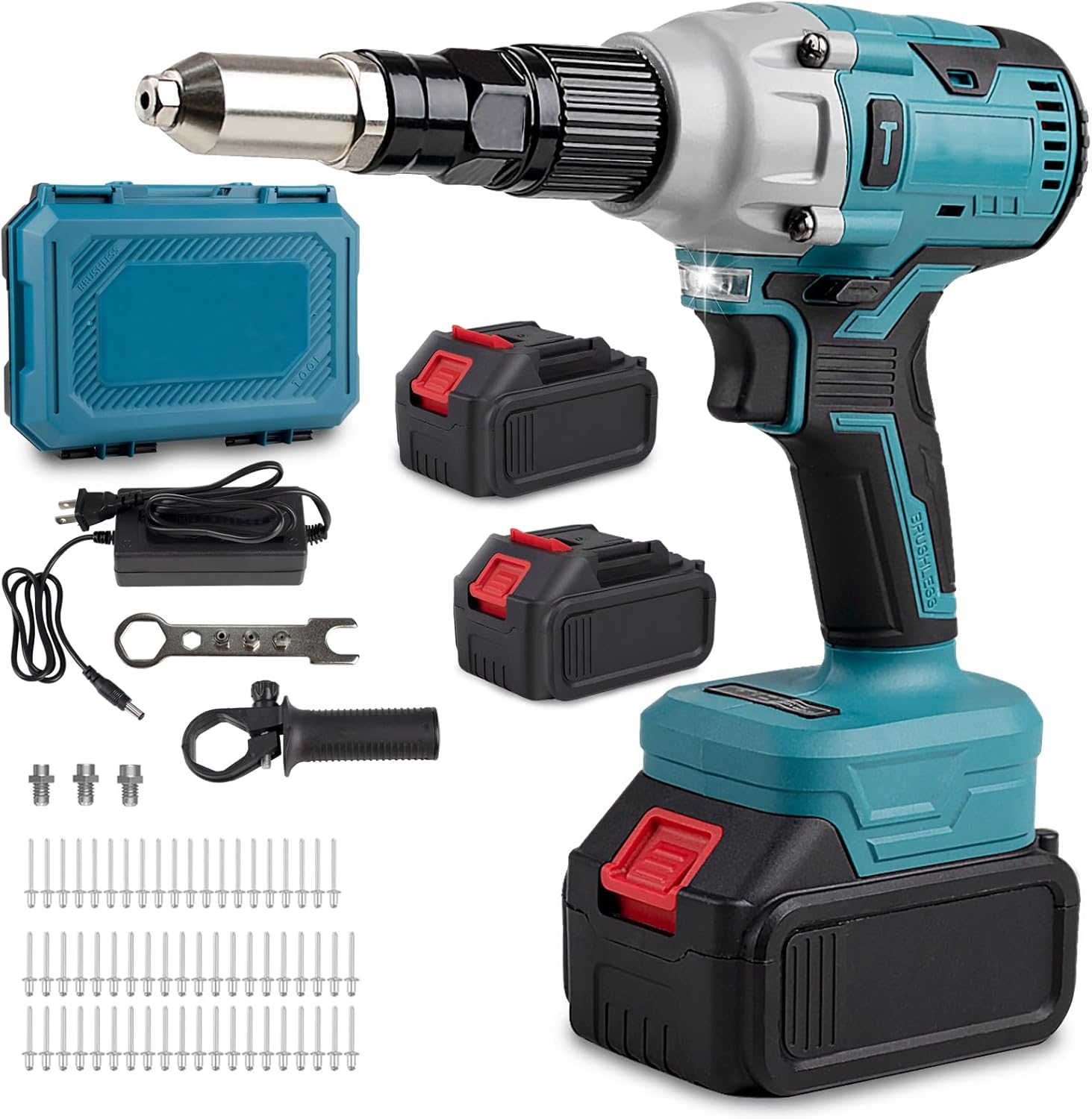 21V Cordless Rivet Gun,Electric Rivet Gun with 2 X 4.0 Ah Battery & Charger,Brushless Pop Rivet Gun Tool,Rivet Tool Kit for 1/8