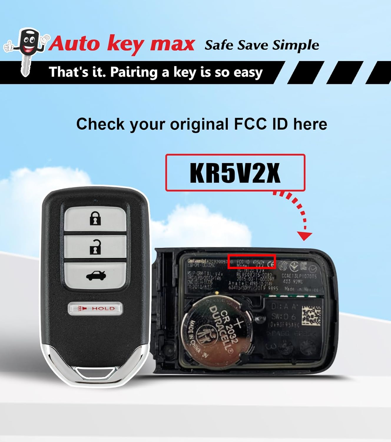 Simple Programmable Keyfob, Car Key Fob OBD Programmer Kit Replacement for 2016 2017 2018 2019 Honda Civic Remote Key KR5V2X (5 Button kit)