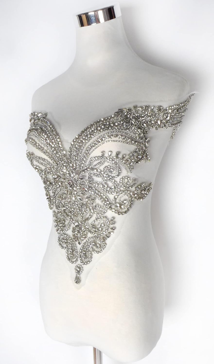 New Gold Silver Rhinestones Bodice and Neck Applique Handmade Glass Crystal Applique Patch for Dress Cloth by Piece (Silver-B)