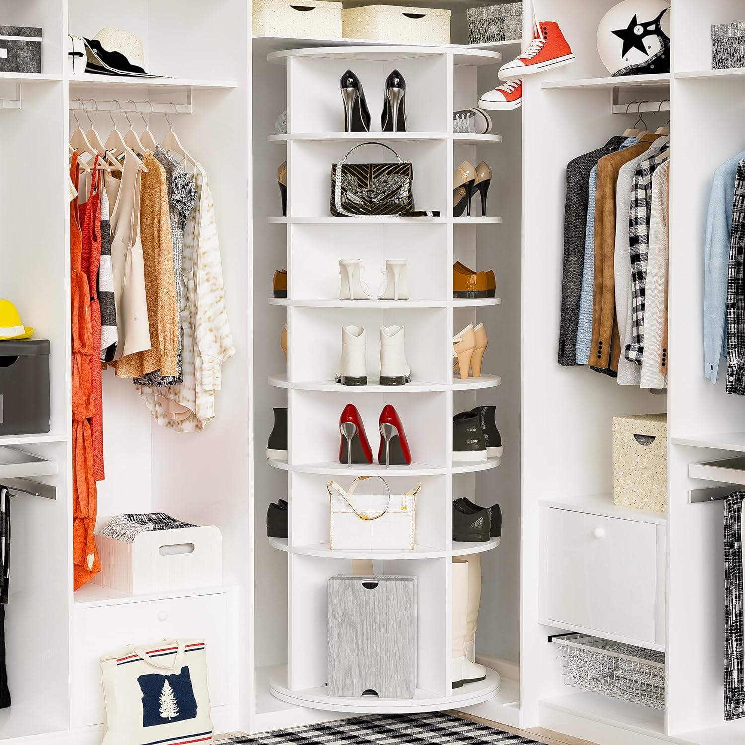 KEIKI 7 Tier Rotating Shoe Rack Tower, Spinning Shoe Display Stand, 360° Revolving Round Swivel Shoe Storage Cabinet, High Bottom Design Vertical Handbag Rotate Storage Lazy Susany (White)
