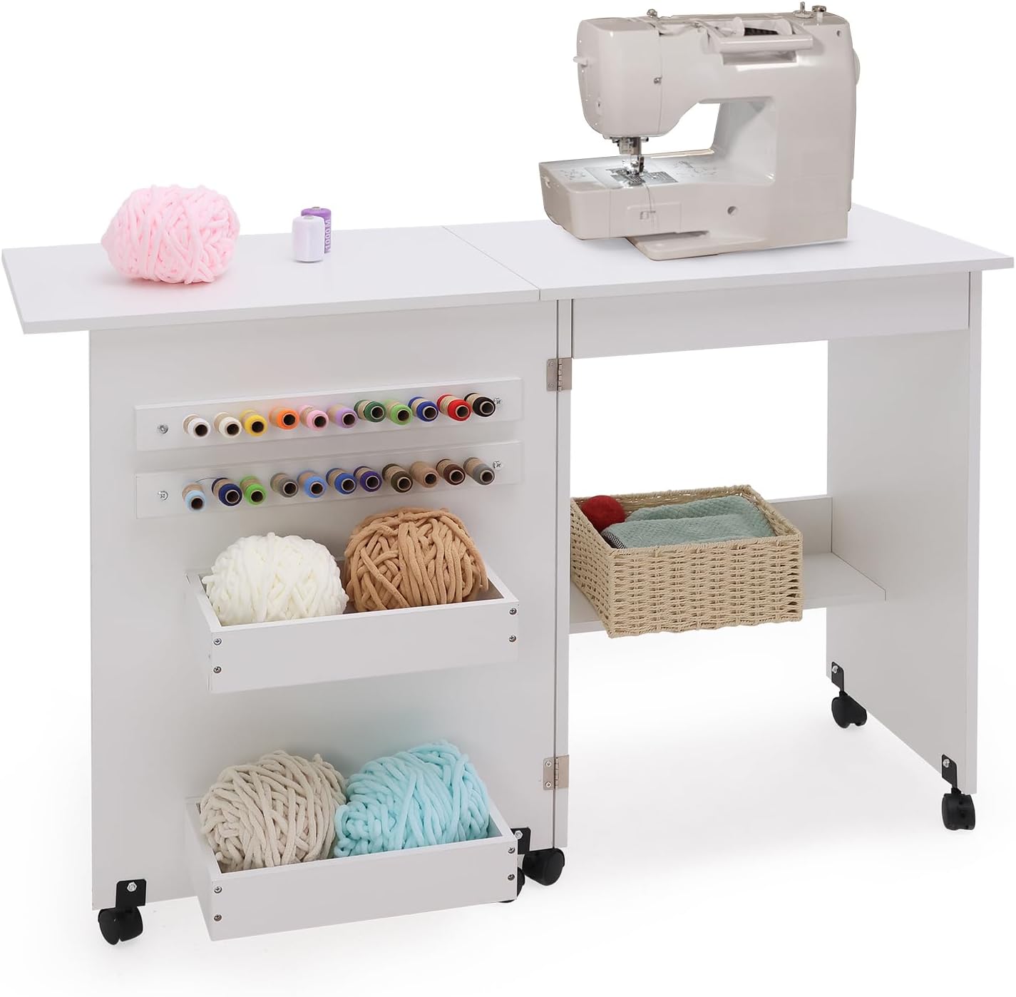 Folding Sewing Table Multipurpose Craft Station & Side Desk with Compact Design, Wheels with Locks,(White)
