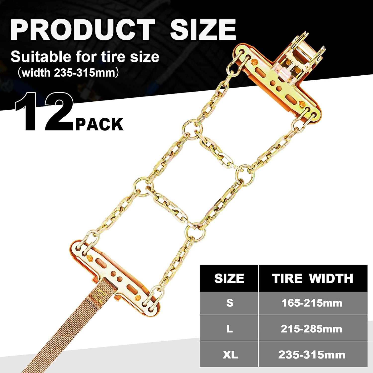 12 Pack Adjustable Snow Tire Chains for Tire Width 235-315mm Suv Truck Pickup, Quick Setup Easy Installation, Thickened Car Non Skid Car Chains
