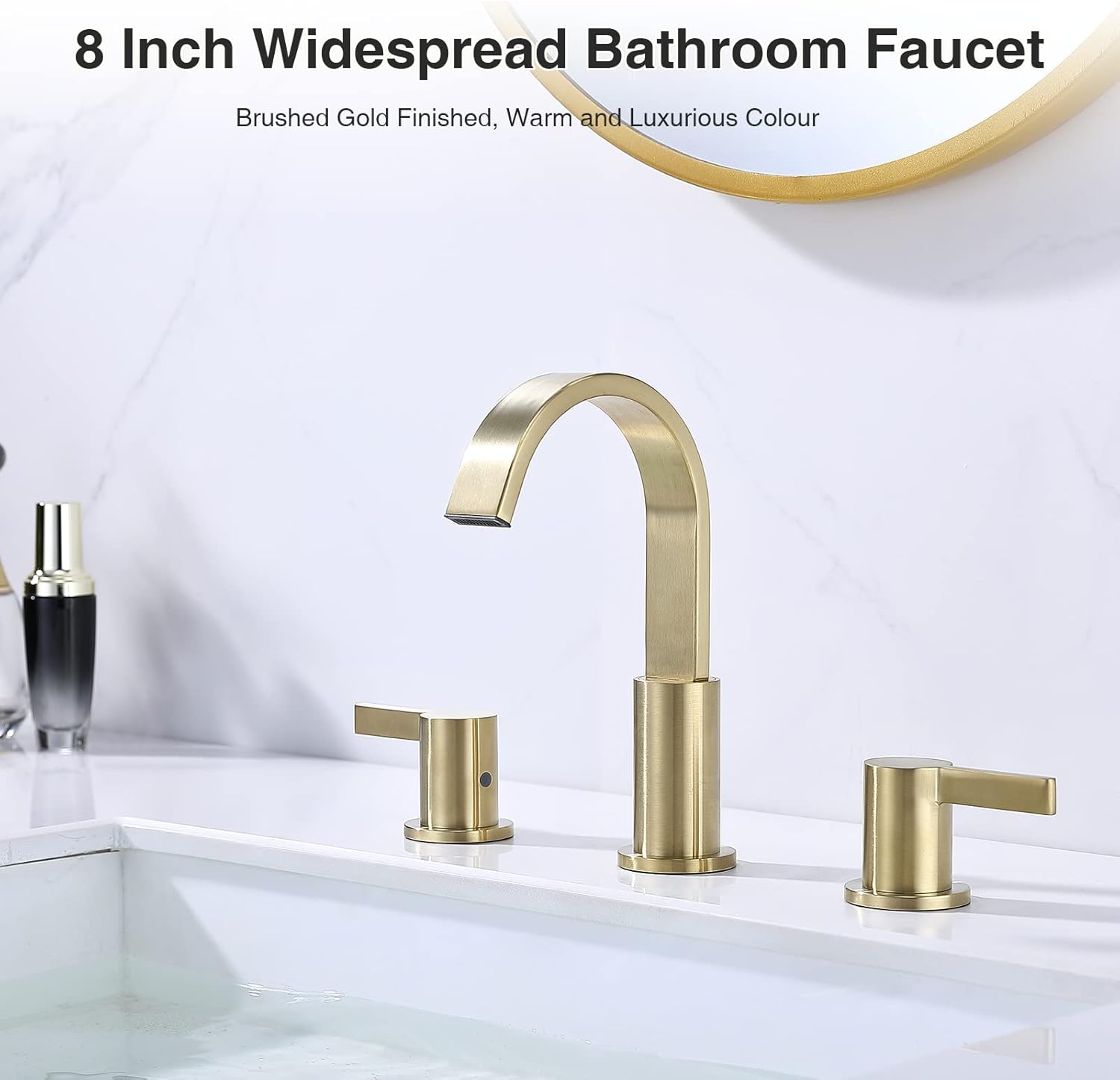 TRUSTMI 8 Inch Widespread Brushed Gold Bathroom Faucet 3 Hole 2 Handle Brass Vanity Sink Faucet with 360 Degree Swivel Spout, Overflow Drain and cUPC Waterlines