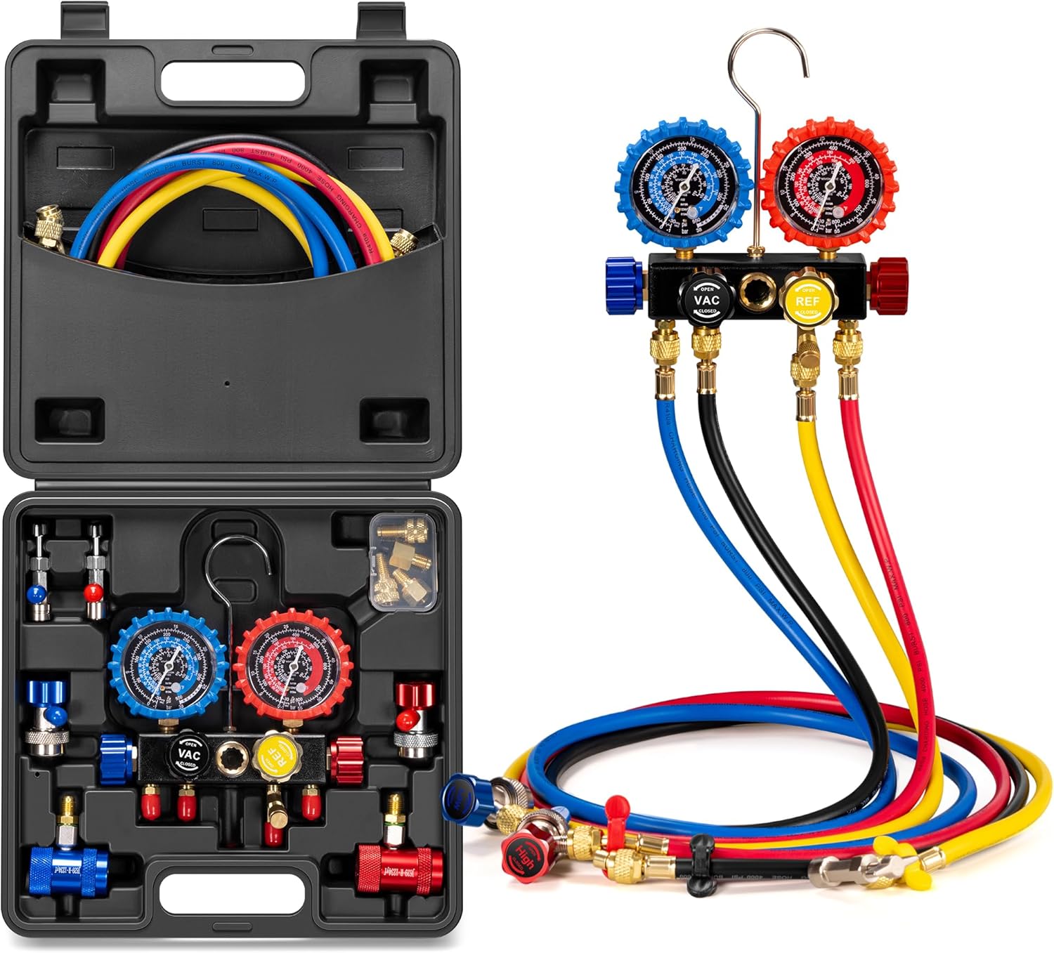 VIVOHOME HVAC 4 Way Manifold Gauge Set with R134a R1234yf Quick Couplers and Can Taps, Automotive Residential AC Gauges for R134a R410a R32 R1234yf Refrigerant, Car Freon Charging & Evacuation