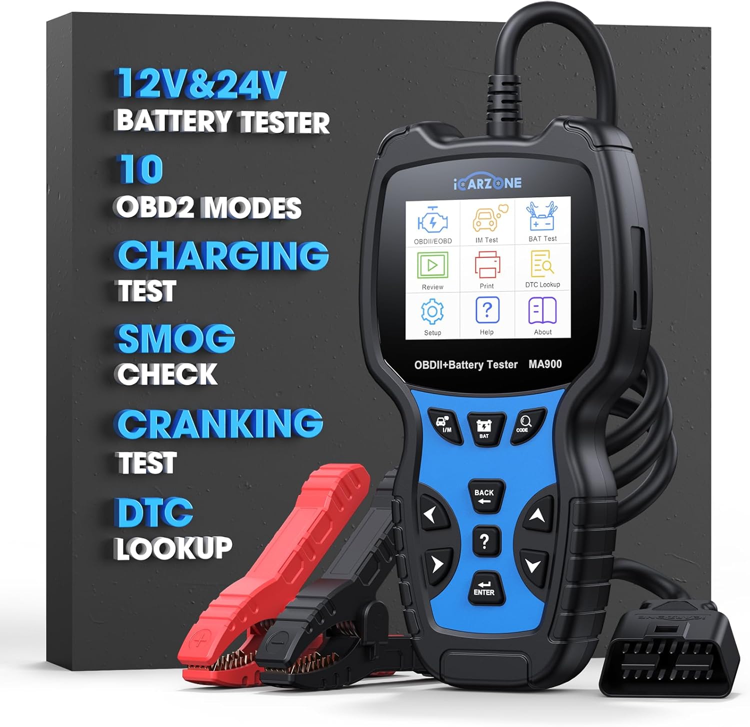 MA900 Battery Tester + OBD2 Scanner 2 in 1, 12V 24V 100-2000CCA Accurate & Instant Battery Health Diagnostic Tool with OBFCM Test I/M Test, Charging & Cranking Analyzer for Car, Motorcycle
