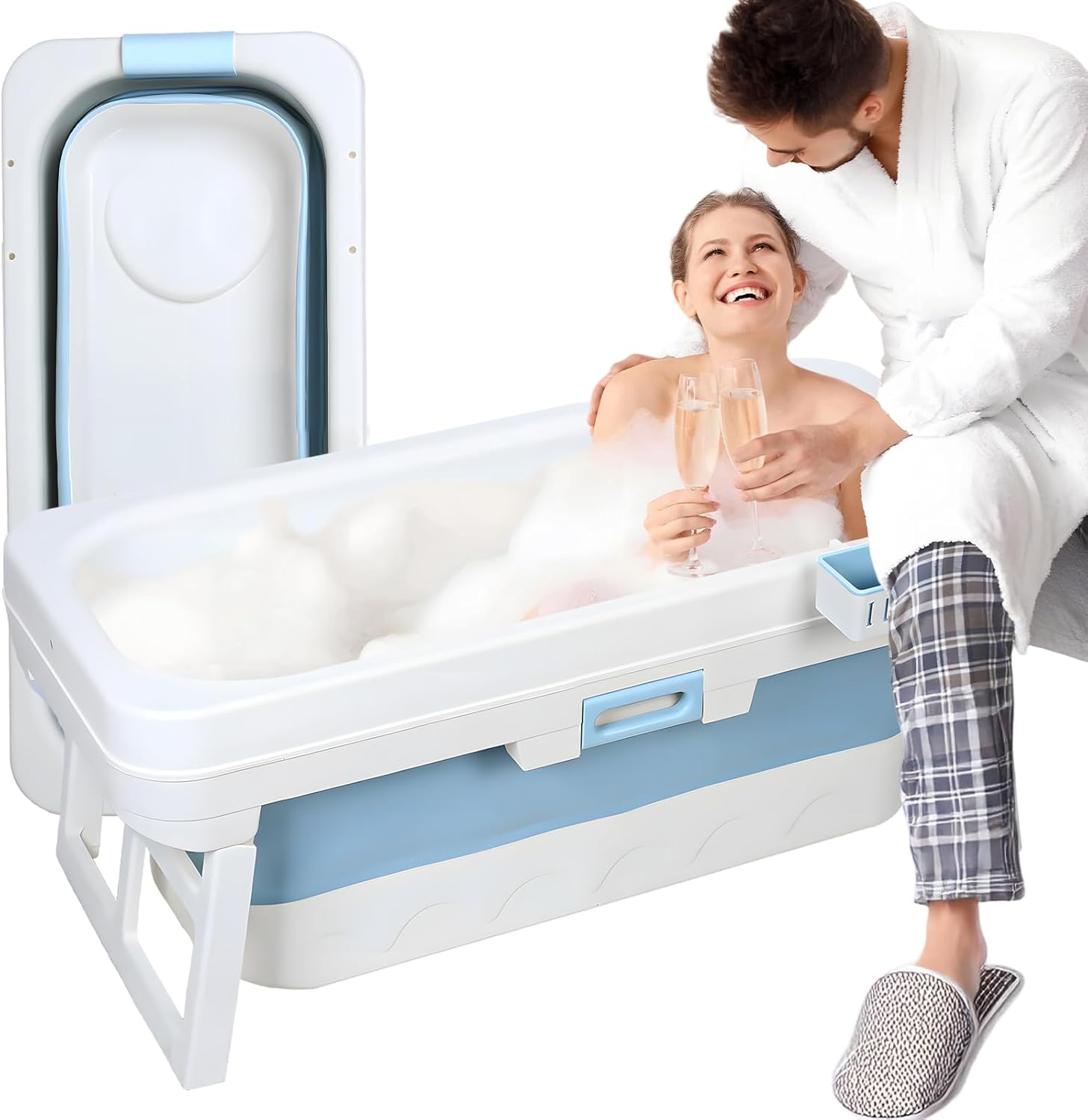 Portable Foldable Bathtub,Foldable Soaking Bathtub for Adults, Freestanding Bathtubs, Hot Bath Tub, Ice Bath, Family Bathroom SPA Tub 51x24x21inch (Panda)(Blue) Blue