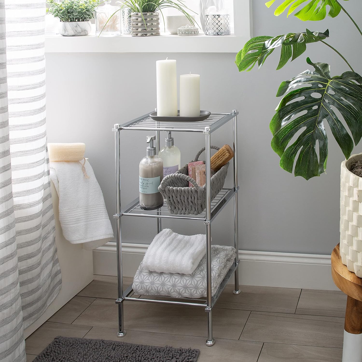 Organize It All 3 Tier Chrome Freestanding Bathroom Storage Shelf, 12.25 x 13 x 29.75 in (Pack of 4)