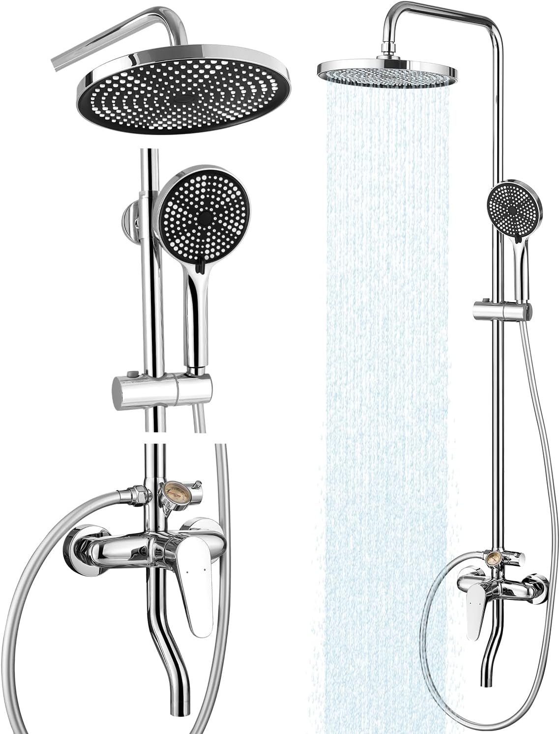 Chrome Exposed Shower System with 3 Modes HandHeld,3 Functions Tub Shower Faucet Sets with Brass Valve, Shower Fixture with 10 Inches Rainfull Shower Head,Shower Height Adjustable