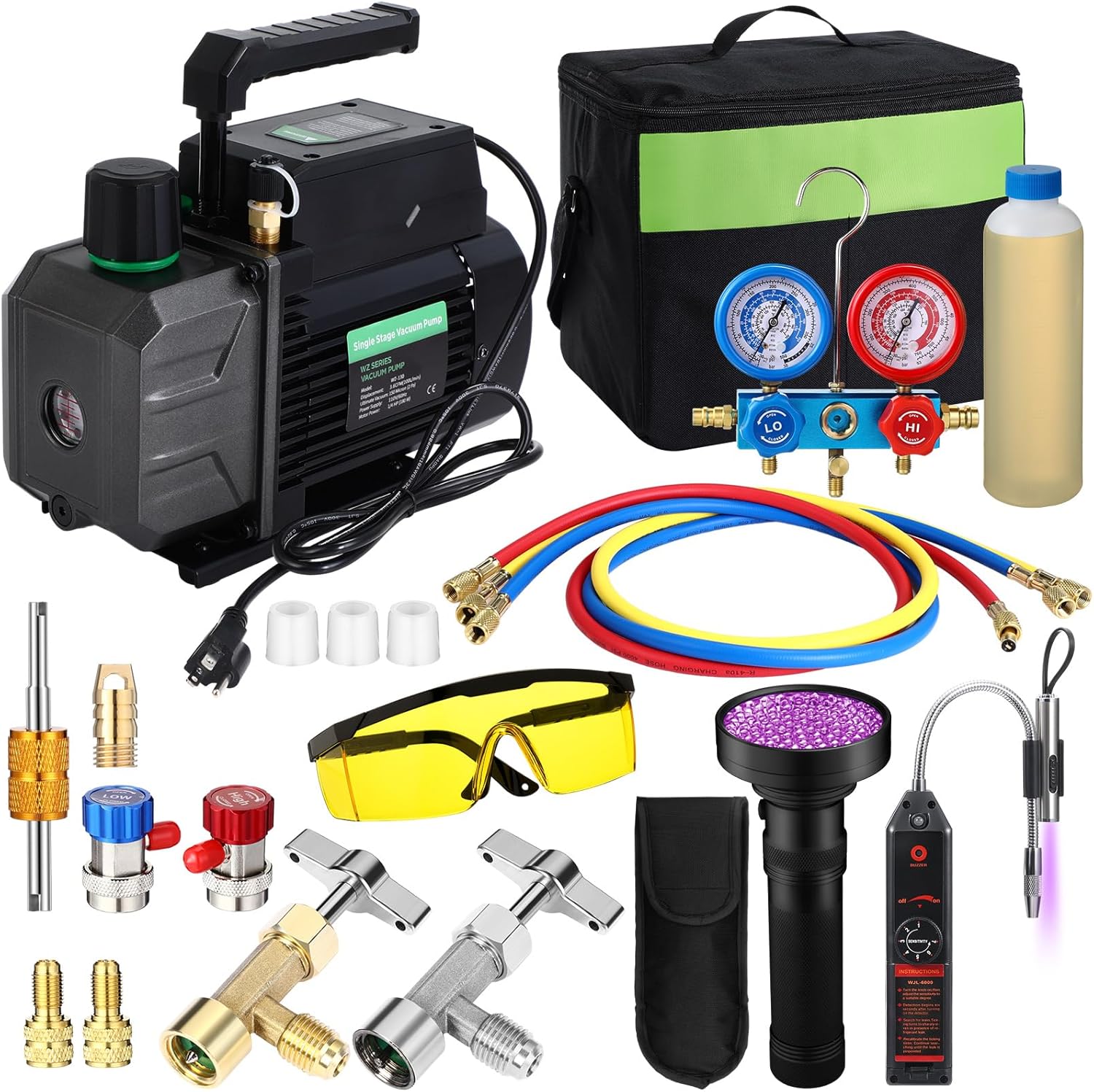 3.5cfm 1/4hp Ac Vacuum Pump and Gauge Set, HVAC R134a R12 R22 R410a Refrigeration Manifold Gauge with Leak Detector Quick Couplers, Puncture Self Sealing Can Taps for Mini Split/hvac/auto Systems