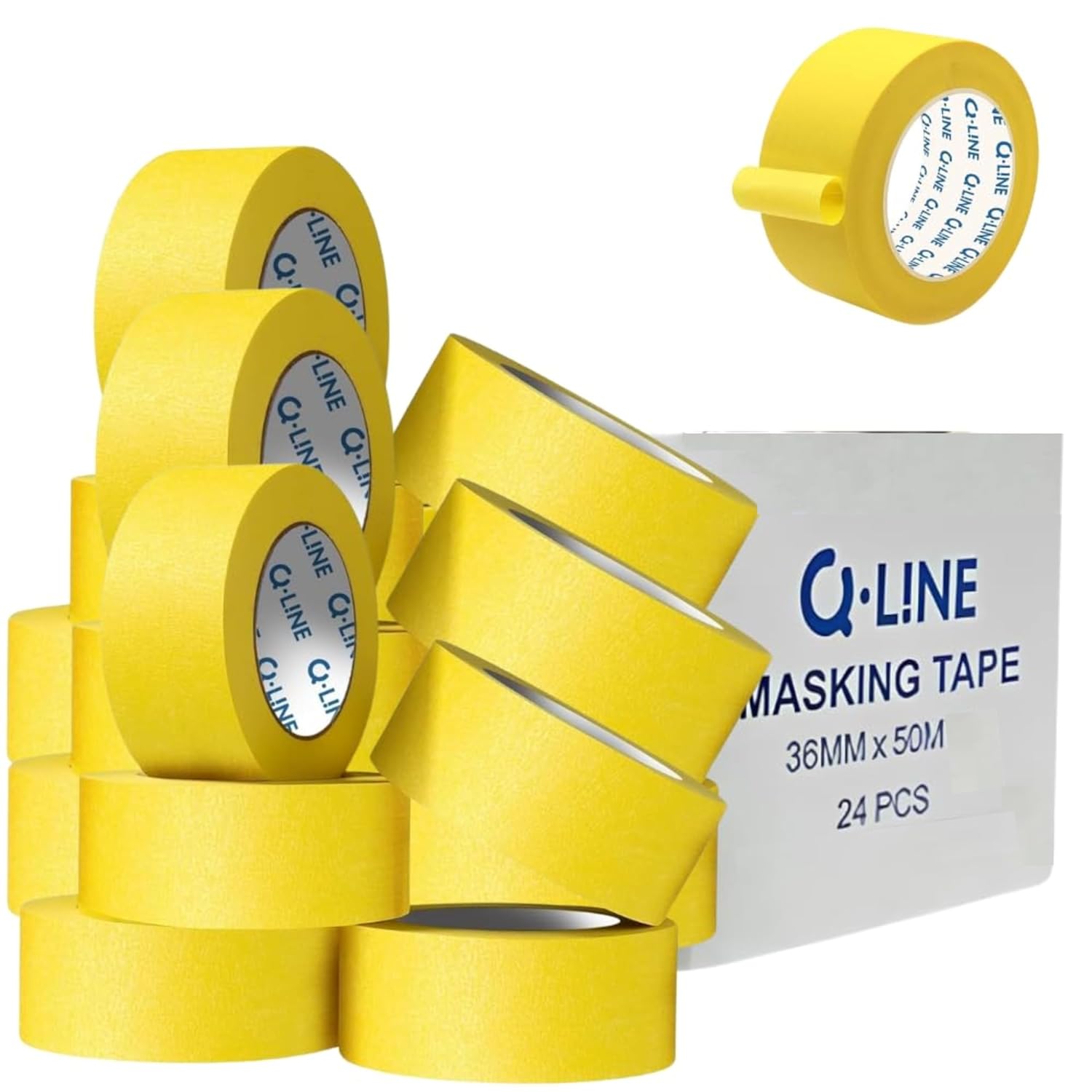 Automotive Refinish Masking Tape, 36mm x 50m – Yellow, High-Performance Tape for Precise Auto Painting, Detailing, Water Resistant and Multi-Purpose, Bulk Pack (24 Rolls)
