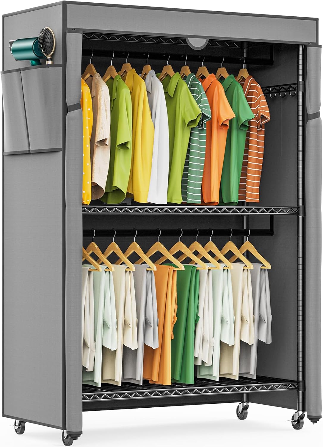 LEHOM G1C Heavy Duty Clothes Rack with Cover, Rolling Garment Rack for Hanging Clothes, Portable Closets with Oxford Fabric Cover, Freestanding Clothing Rack on Wheels, Storage Wardrobe for Bedroom