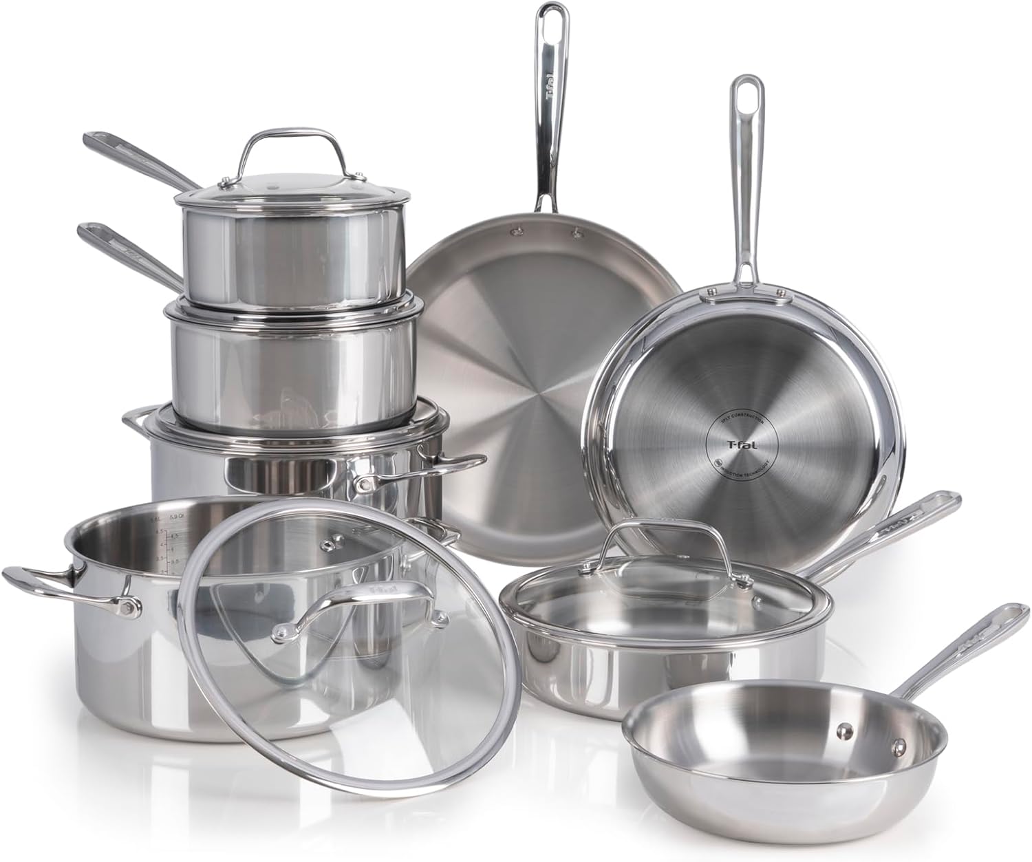 T-Fal Pro Tri-Ply Stainless Steel Large Dutch Oven Pot with Lid, 6 Quart Induction Pot, Oven Safe 500F, Lid 350F, Fast & Even Heat, Professional Quality & Durability, Silver