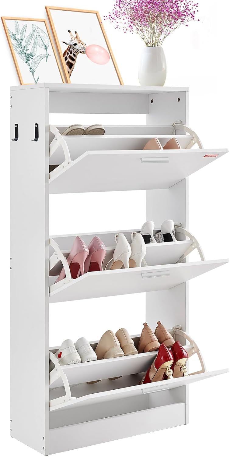 VEVOR Shoe Cabinet with 4 Flip Drawers, Farmhouse Shoes Storage Cabinet with Wood Legs and Anti-Tipping Device, Freestanding Shoe Organizer Ideal for Entryway, Hallway, Bedroom, Living Room, Brown