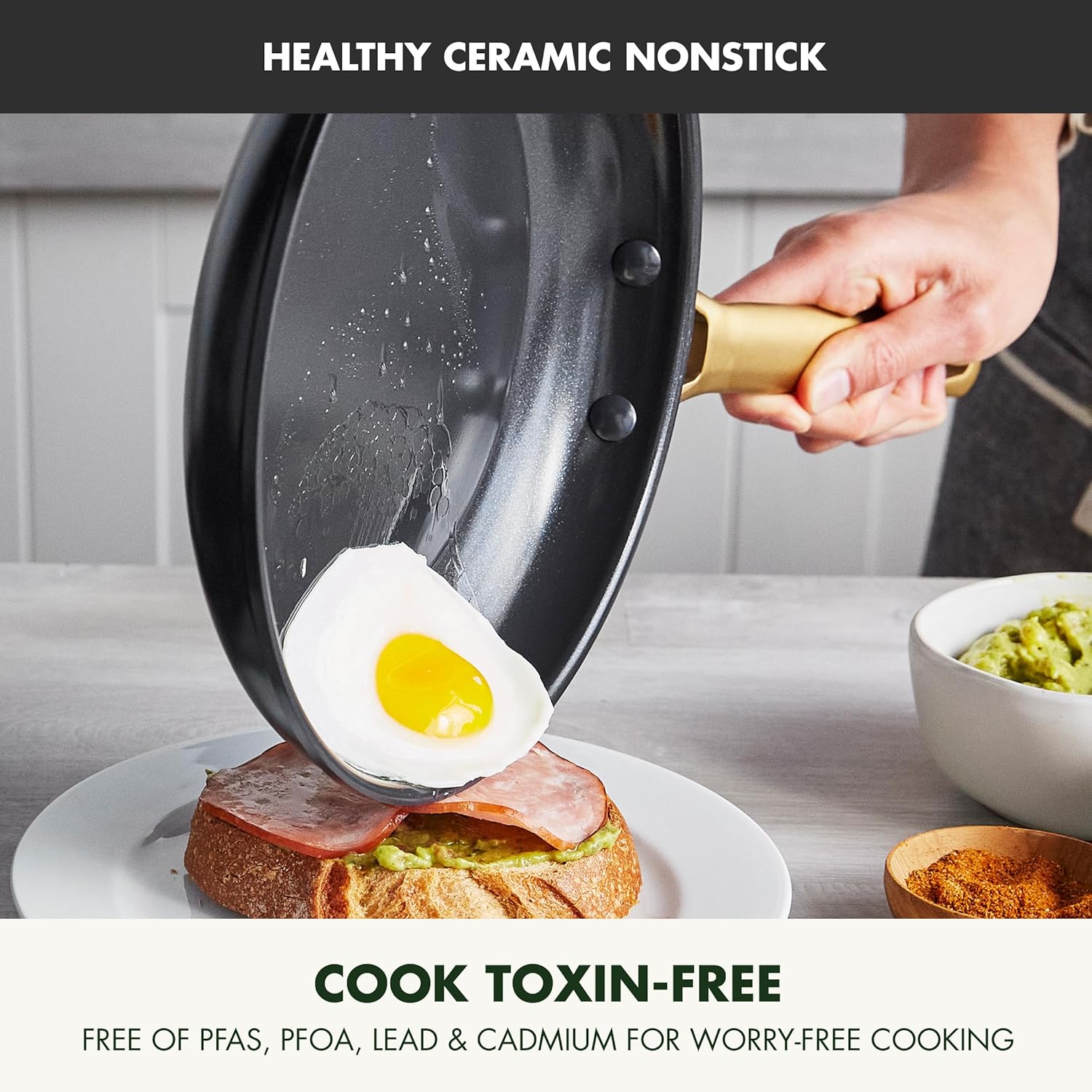 GreenPan Hard Anodized Healthy Ceramic Nonstick, 16 Piece Cookware Pots and Pans Set, Gold Handle, PFAS-Free, Dishwasher Safe, Oven Safe, Black