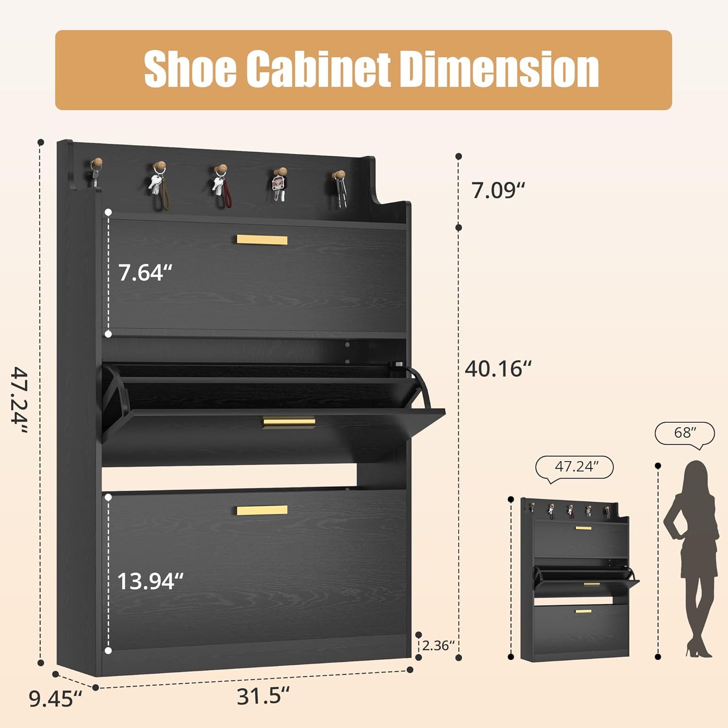 VECELO Shoe Cabinet with 2 Flip Drawers for Entryway, Freestanding Narrow Hidden Storage Organizer with Hooks and Raised Edge, for Hallway Living Room, Black